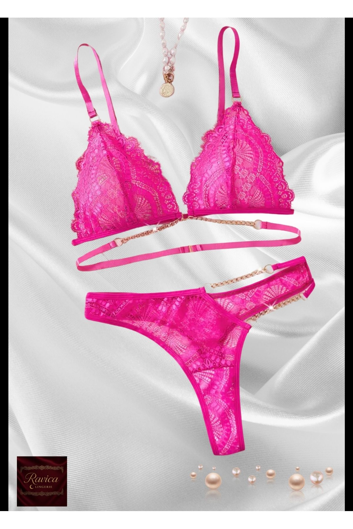 Ravica Lingerie Mona pembe dantelli zincirli iç çamaşır takımı