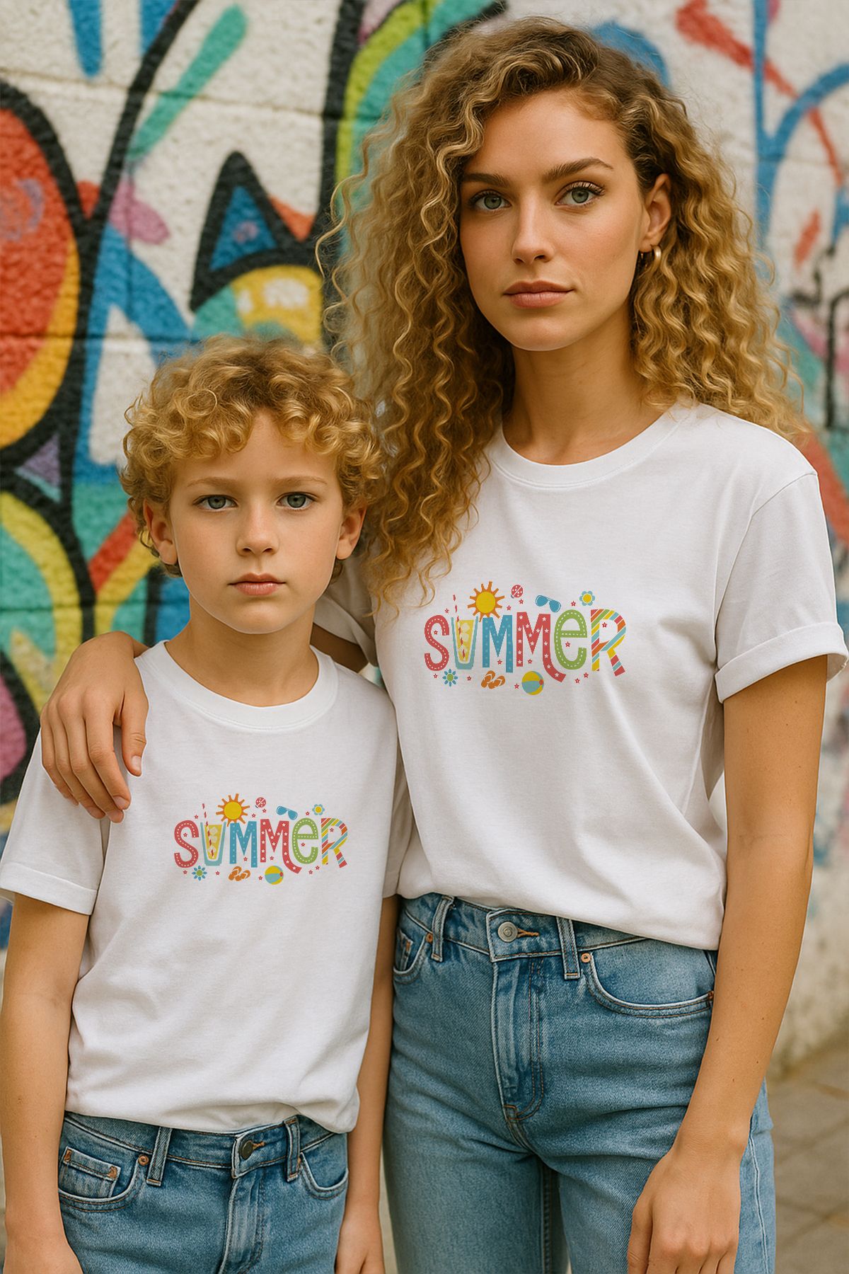 TARZ STİL Anne Oğul Uyumlu Summer Baskılı Trend Tişört 20479