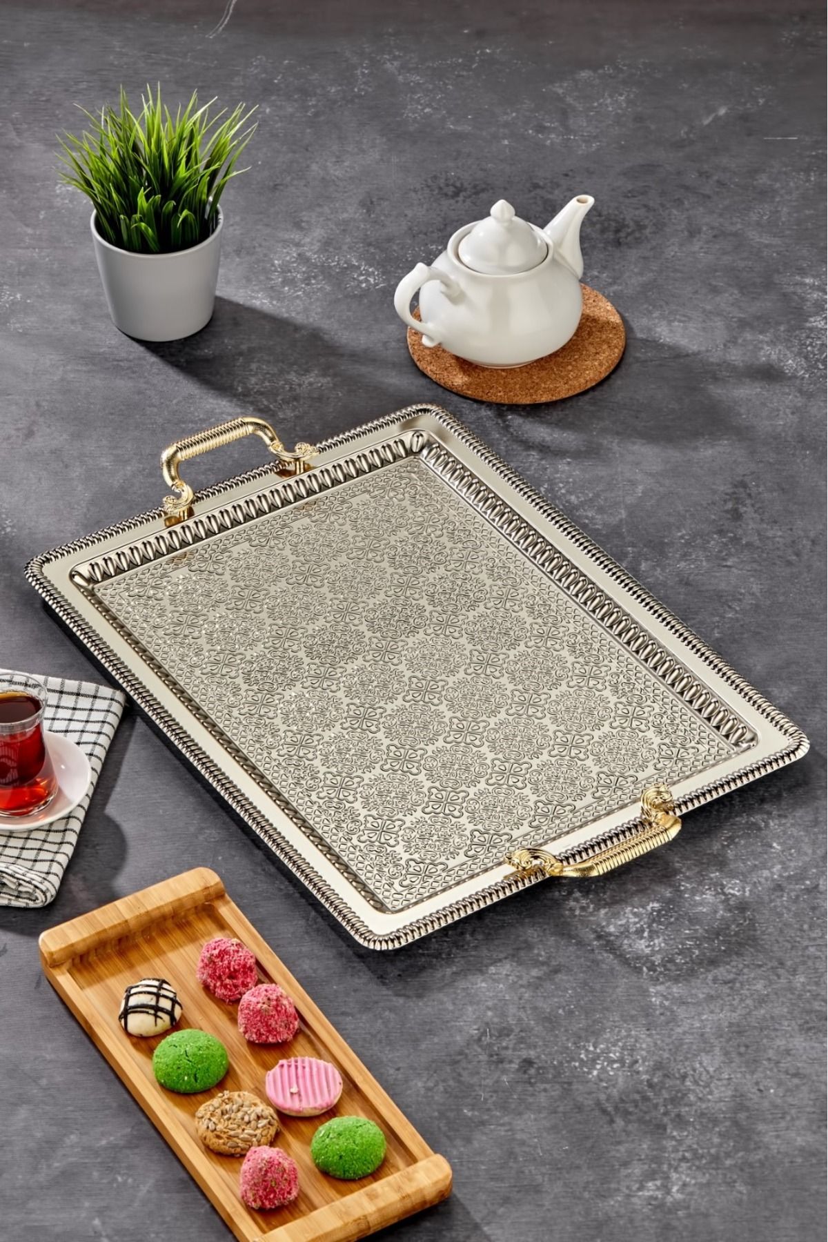 Cooker Paslanmaz Metal Gümüş Renk Büyük Boy Sunum Tepsisi 50x38 cm | Çay İkram Servis ve Çeyizlik Tepsi