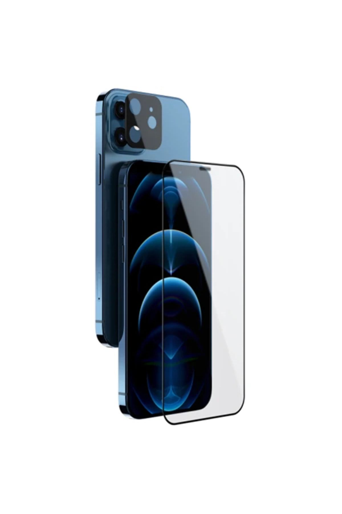 Marsilyan İPhone 12 6.1 2İN1 Full Glue Tempered Cam Ekran Koruyucu +Kamera Lens Set-(5775) - MCT7226-1051