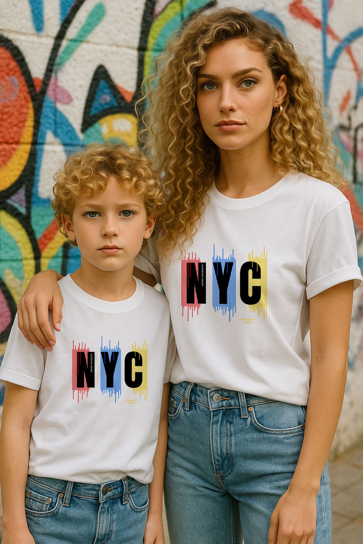 TARZ STİL Anne Oğul Uyumlu Renkli NYC Baskılı Trend Tişört 12503