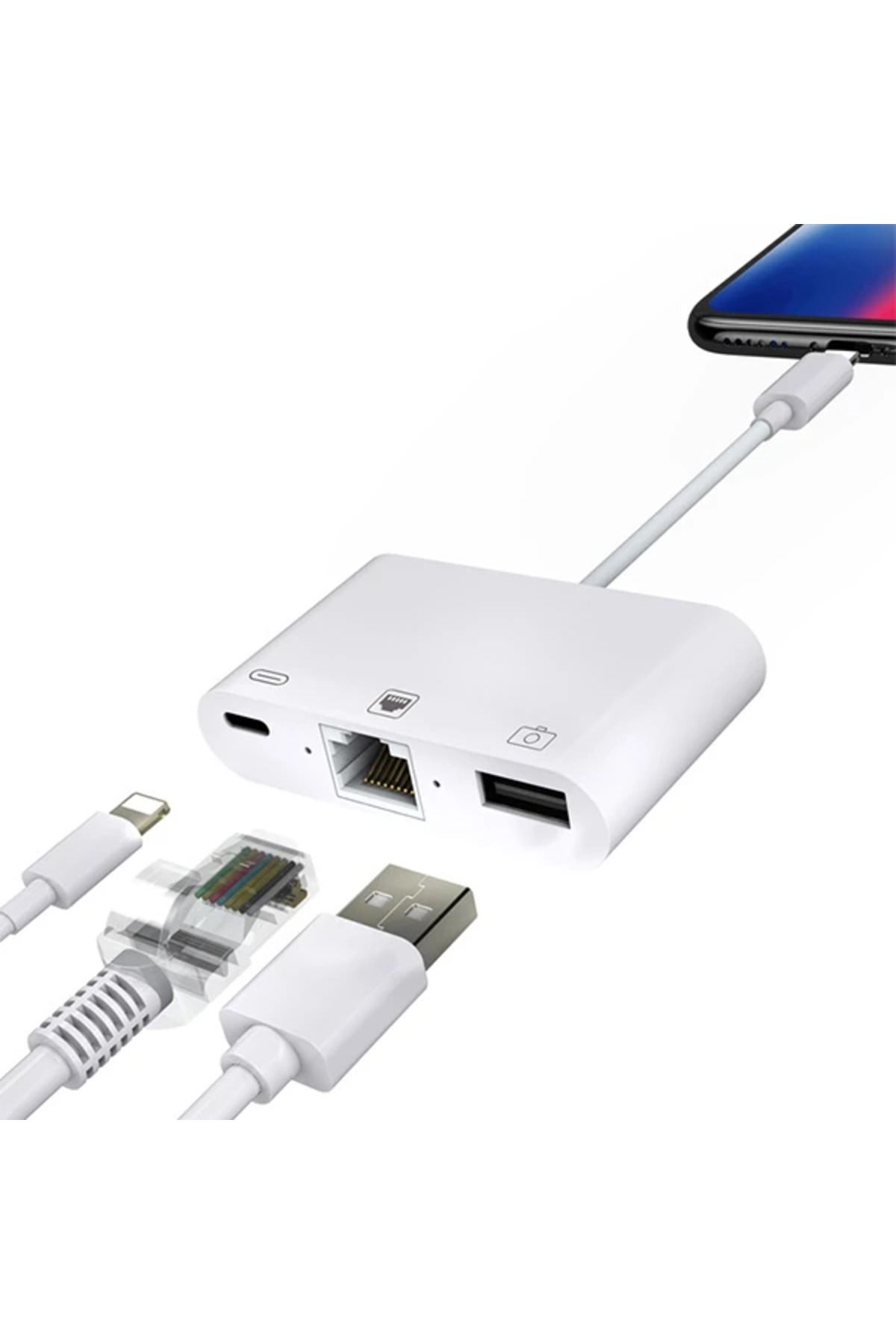 Marsilyan İPhone/İPad 3İN1 Ethernet RJ45 Ve Usb Kamera Adaptörü NK107-(5775) - MCT4703-3983