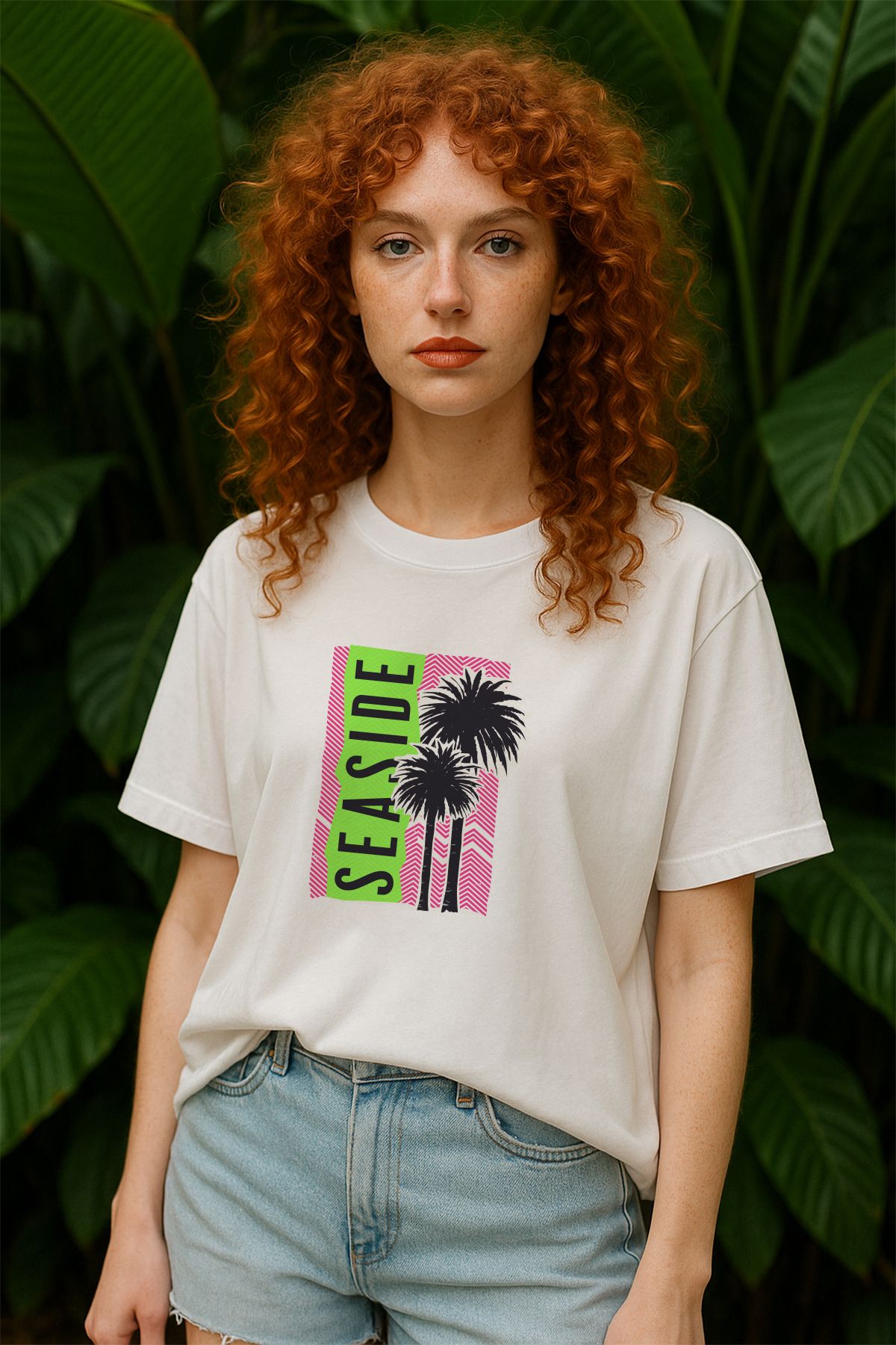 TARZ STİL Kadın Oversize Seaside Baskılı Kısa Kollu Trend Tişört 17138