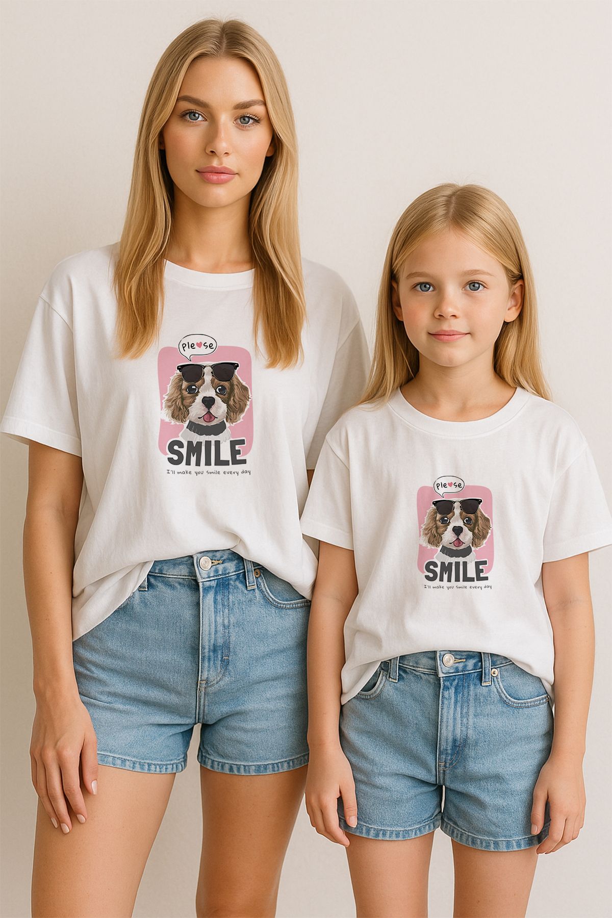 TARZ STİL Anne Kız Çocuk Uyumlu SMİLE Dog Baskılı Trend Tişört 12701