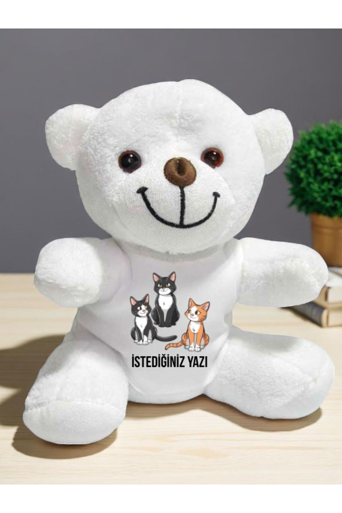 lili hediyelik Kediler Temalı İstediğiniz Yazı Baskılı 20 cm Beyaz Peluş Ayıcık