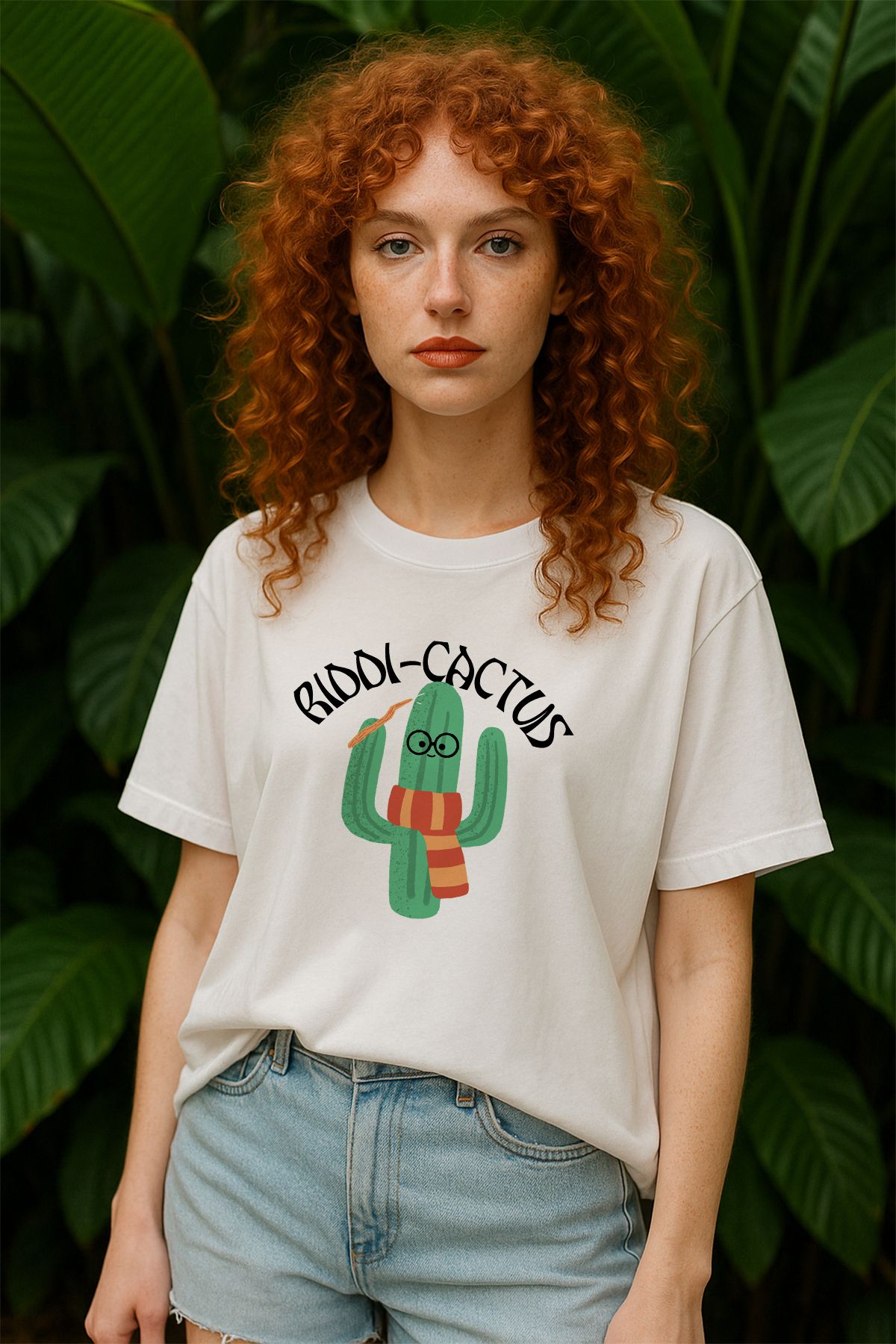 TARZ STİL Kadın Oversize Riddi Cactus Baskılı Kısa Kollu Trend Tişört 23038-1