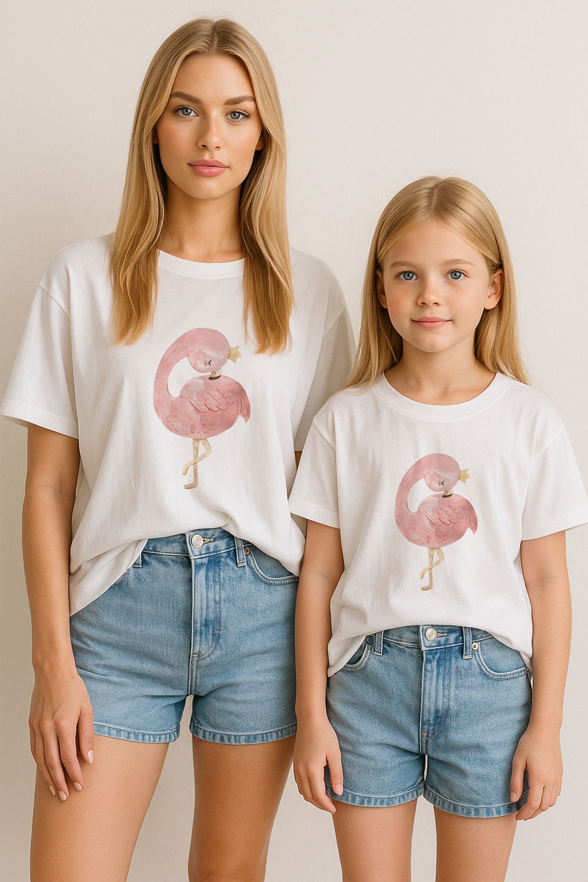 TARZ STİL Anne Kız Çocuk Uyumlu Taçlı Flamingo Baskılı Trend Tişört 11206