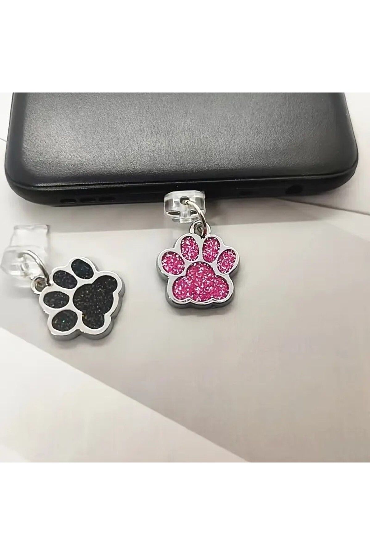 eNoi Kedi Pençesi Telefon Şarj Toz Portu, 2 adet-Siyah ve Pembe Metal ((iPhone 6-14 modelleri uyumludur)
