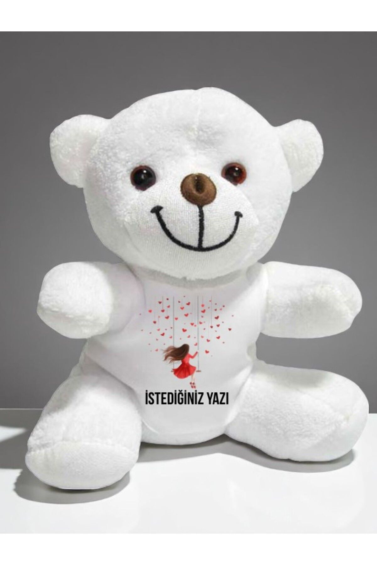 lili hediyelik Kalpli Kadın Temalı İstediğiniz Yazı Baskılı 20 cm Beyaz Peluş Ayıcık