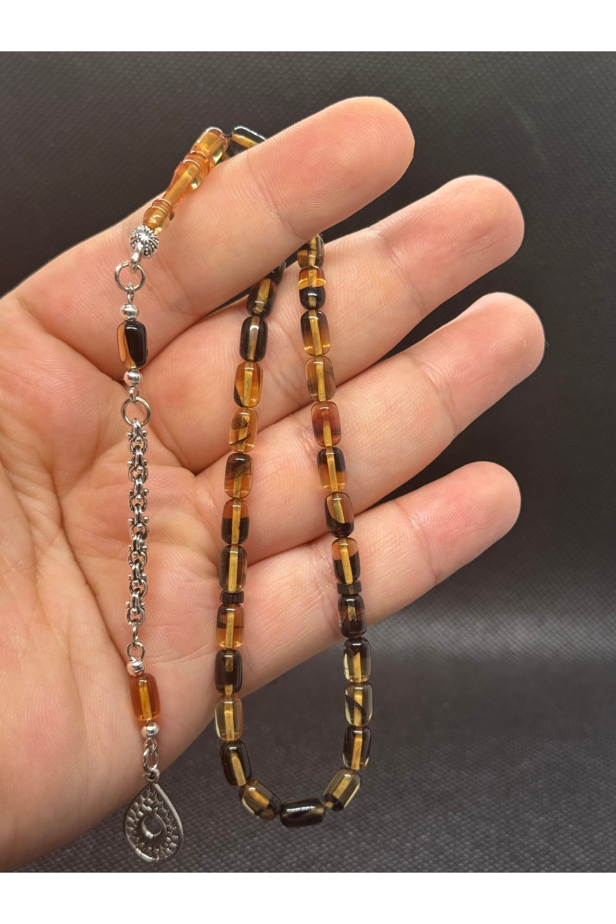 EnazStore Bilek Boy Sarı Siyah Ateş Kehribarı Tesbih