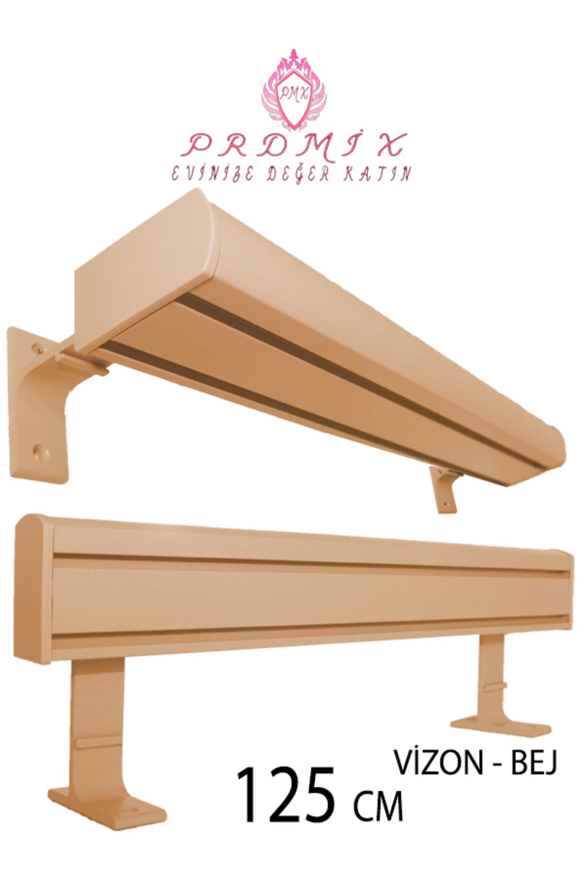 PERDE Mix 125 CM BEJ VİP Dekoratif Perde Ray Kornişi Alüminyum 2 Kanallı 10 cm Orijinal Alüminyum Ayaklı