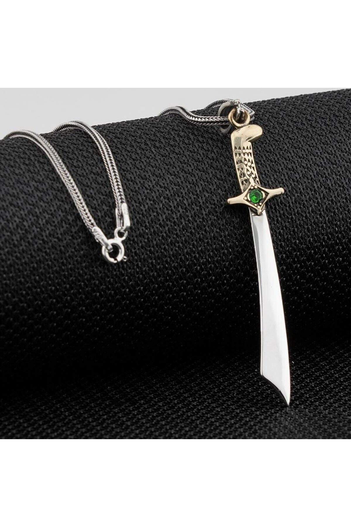 shop Yeşil Taşlı Mogol Kılıcı Zirkon Taşlı 925 Ayar Gümüş Erkek Kolye