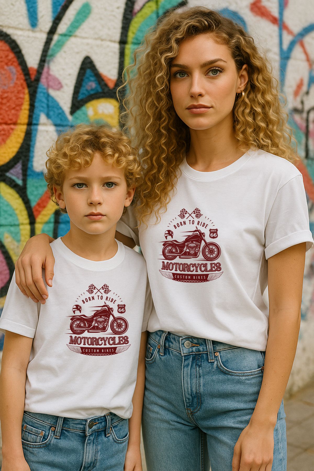 TARZ STİL Anne Oğul Uyumlu motorcycles Baskılı Trend Tişört 12591