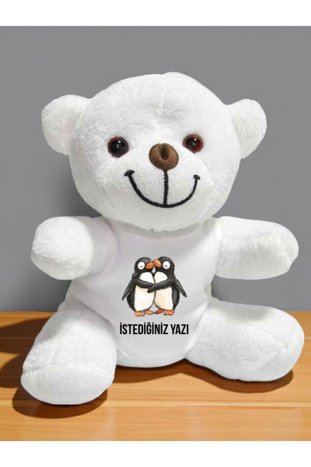 lili hediyelik Penguenler Temalı İstediğiniz Yazı Baskılı 20 cm Beyaz Peluş Ayıcık