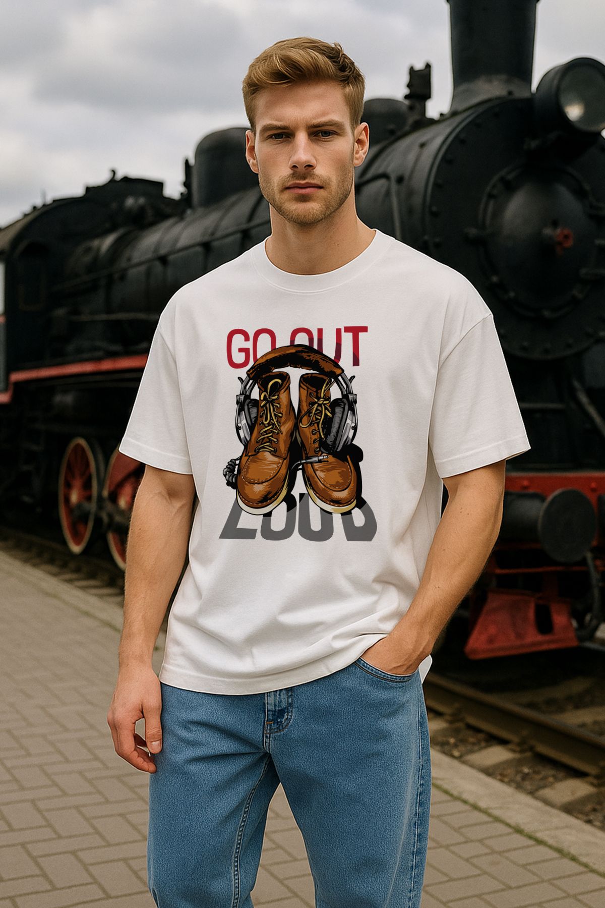 TARZ STİL Erkek Beyaz Oversize Go Out Baskılı Kısa Kollu Tişört 19197