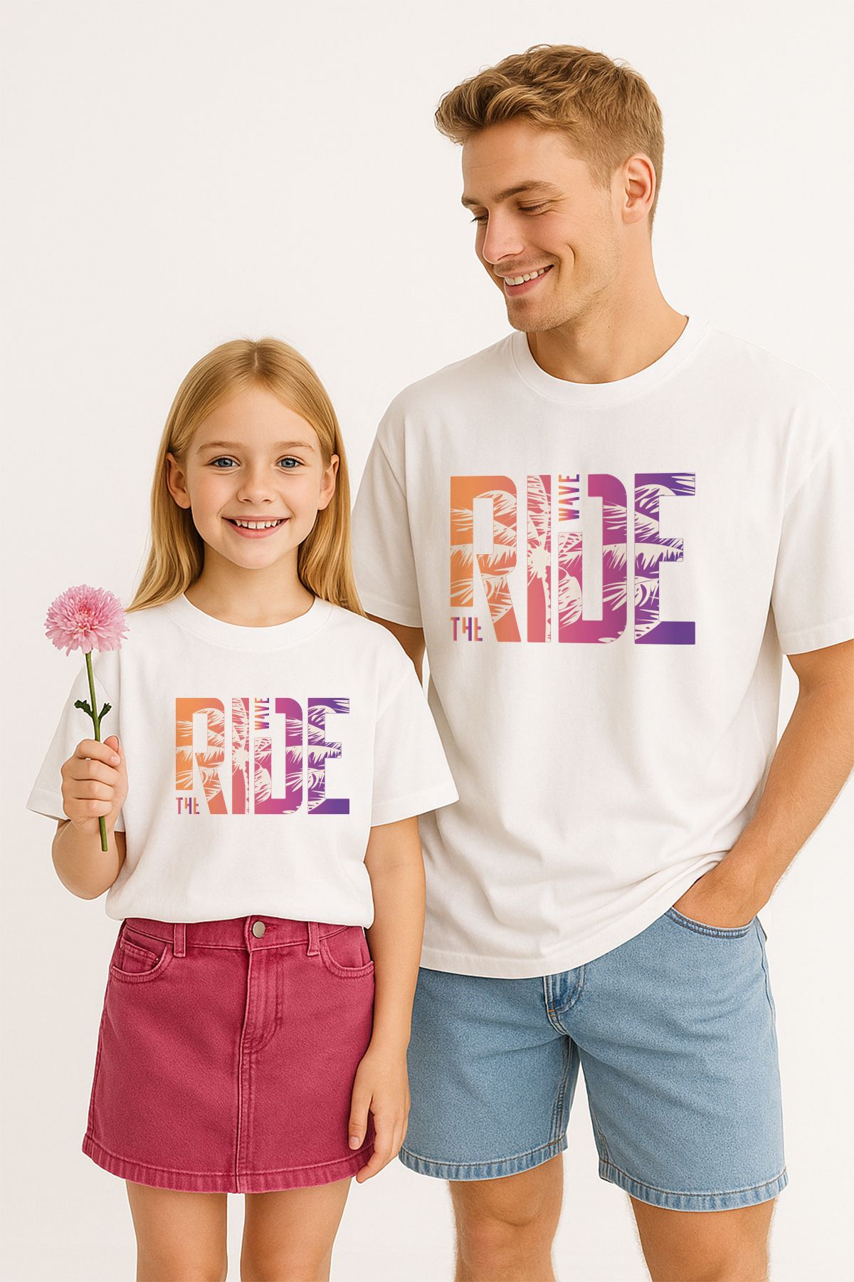 TARZ STİL Baba Kız Uyumlu Ride Yaprak Baskılı Trend Tişört 12619