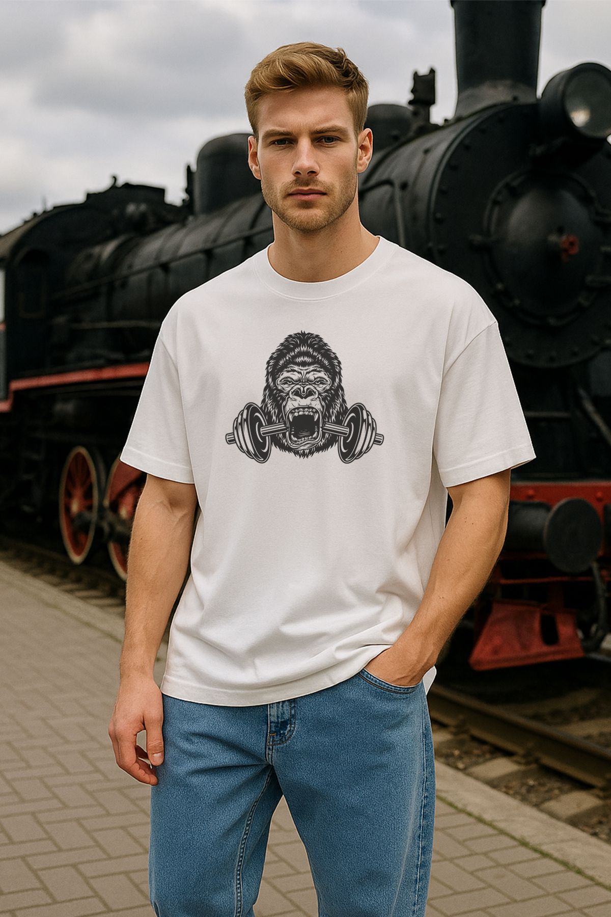 TARZ STİL Erkek Beyaz Oversize Gym Monkey Baskılı Kısa Kollu Tişört 12482