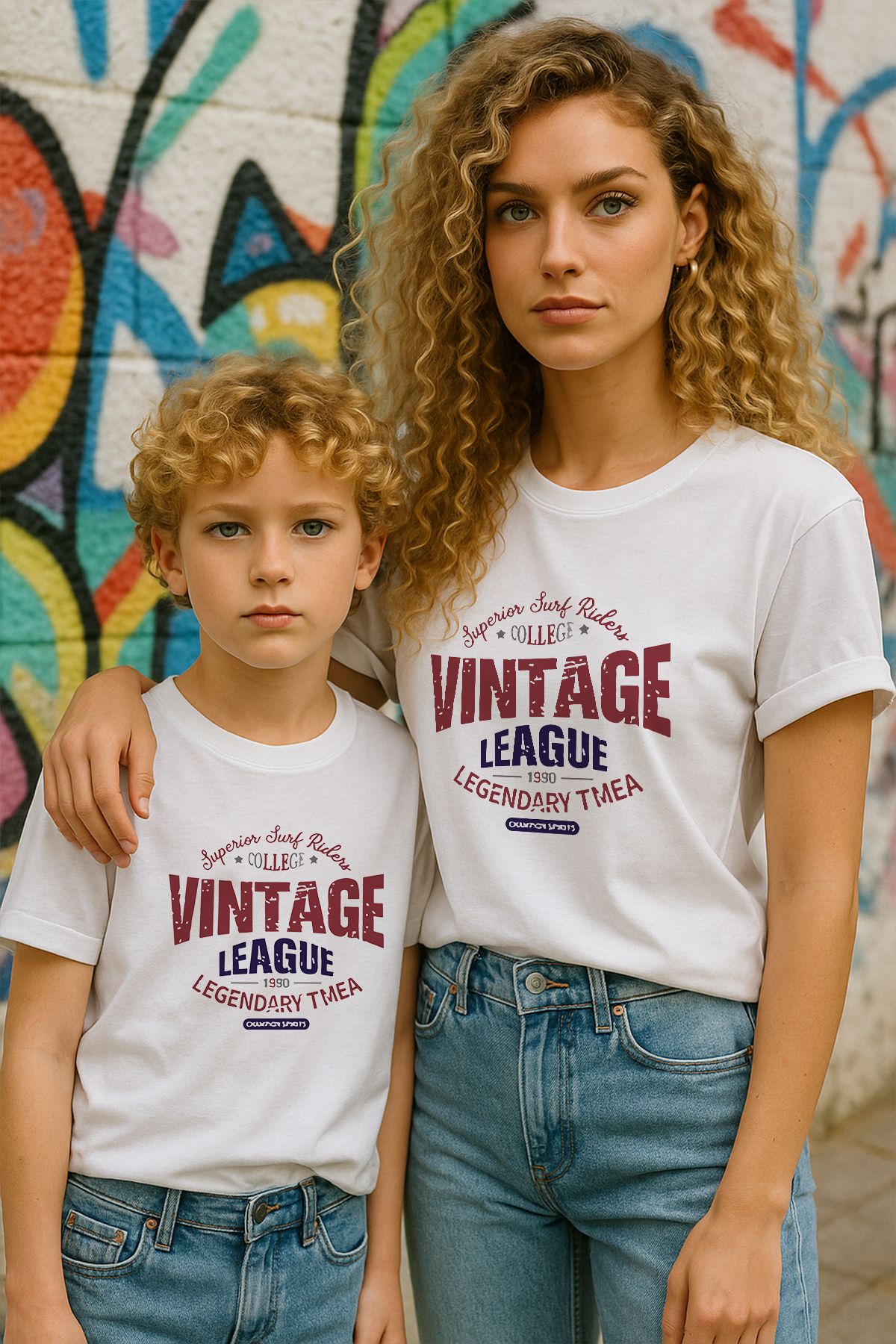 TARZ STİL Anne Oğul Uyumlu Vintage Baskılı Trend Tişört 22003