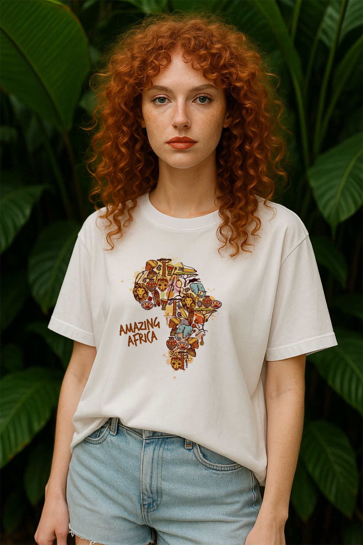 TARZ STİL Kadın Oversize Africa Baskılı Kısa Kollu Trend Tişört 12483