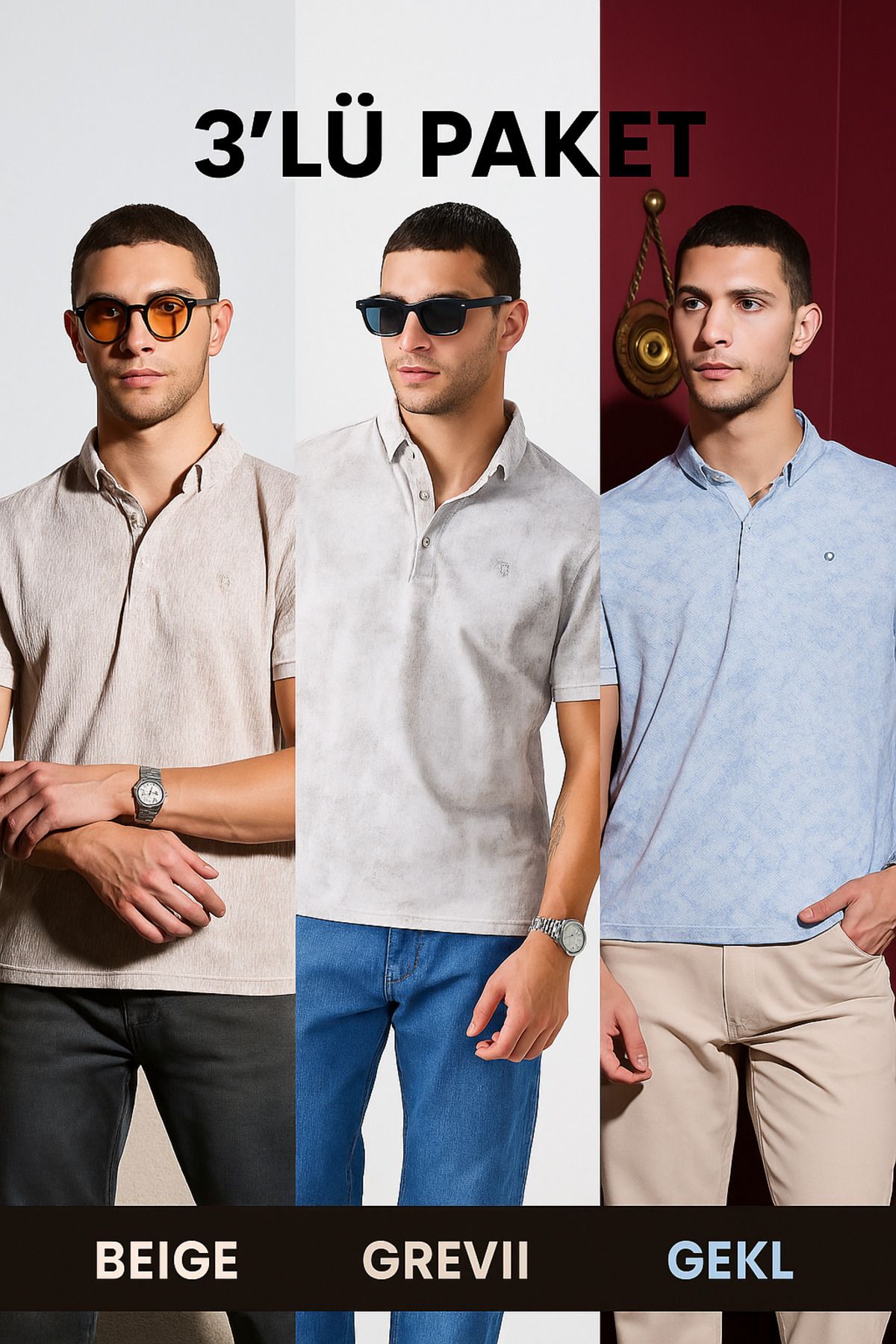 DAMGA JEANS Erkek 3'Lü Paket Kısa Kol Keten Polo Yaka Tişört