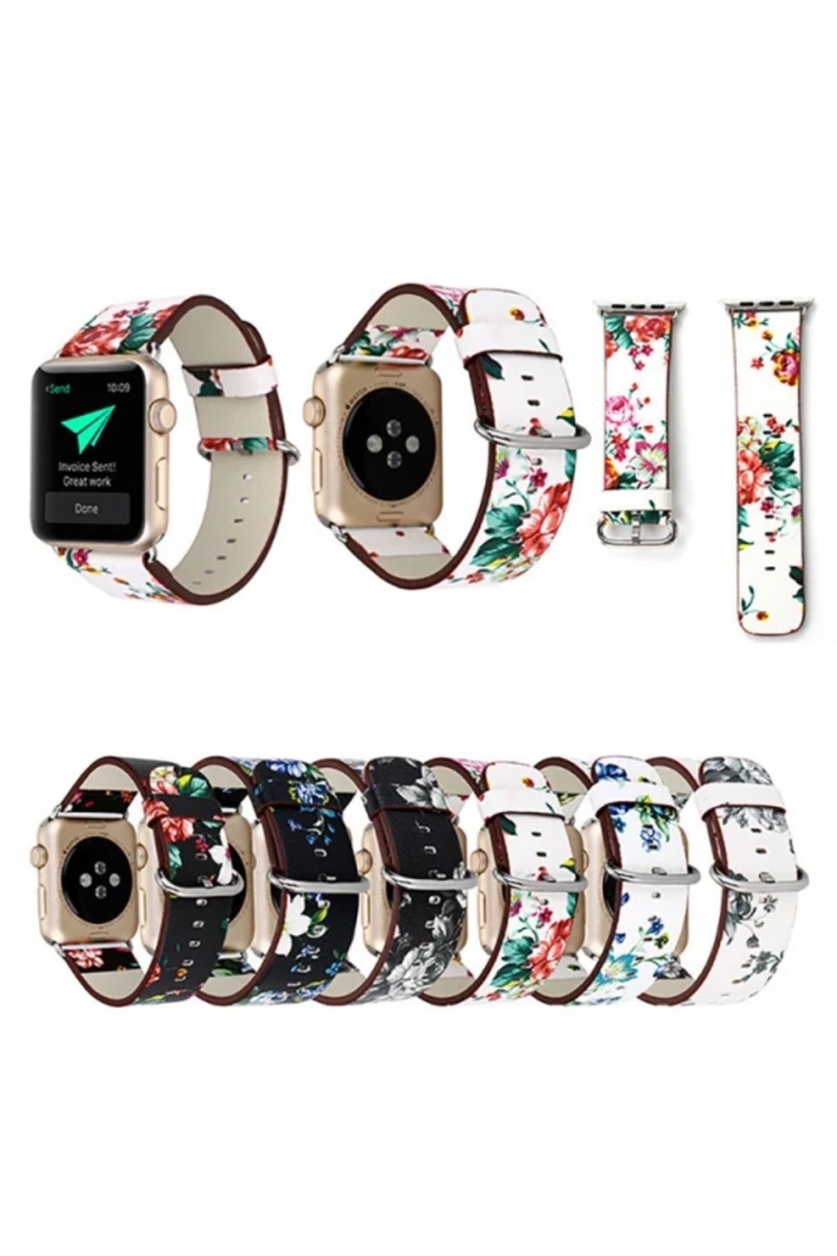 mudikonsept Ally Apple Watch 7-8 41mm 6-5-4 40mm Gül Desenli Pu Deri Kordon Kayış 3-2-1 38mm- - MDE7427-2430