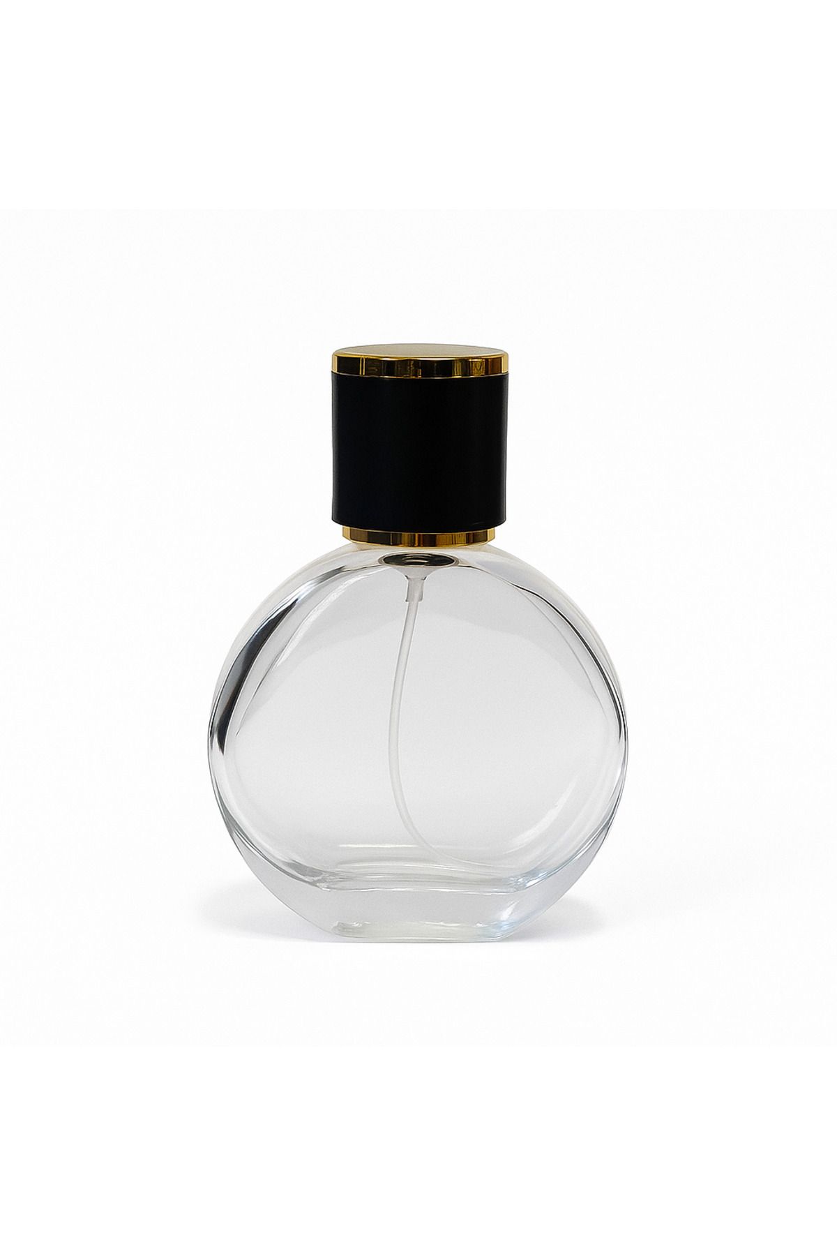 Büyülü Şişeler 50 ml Siyah Altın Detaylı Kapak Yuvarlak Cam Boş Parfüm Şişesi