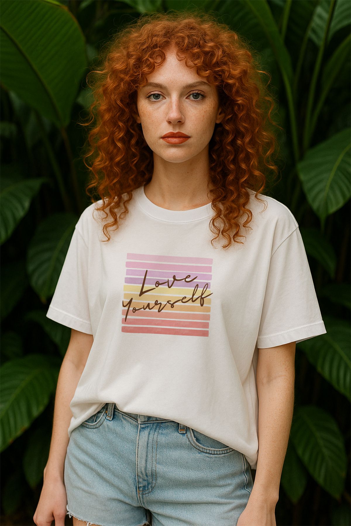 TARZ STİL Kadın Oversize Love Yourself Baskılı Kısa Kollu Trend Tişört 12310