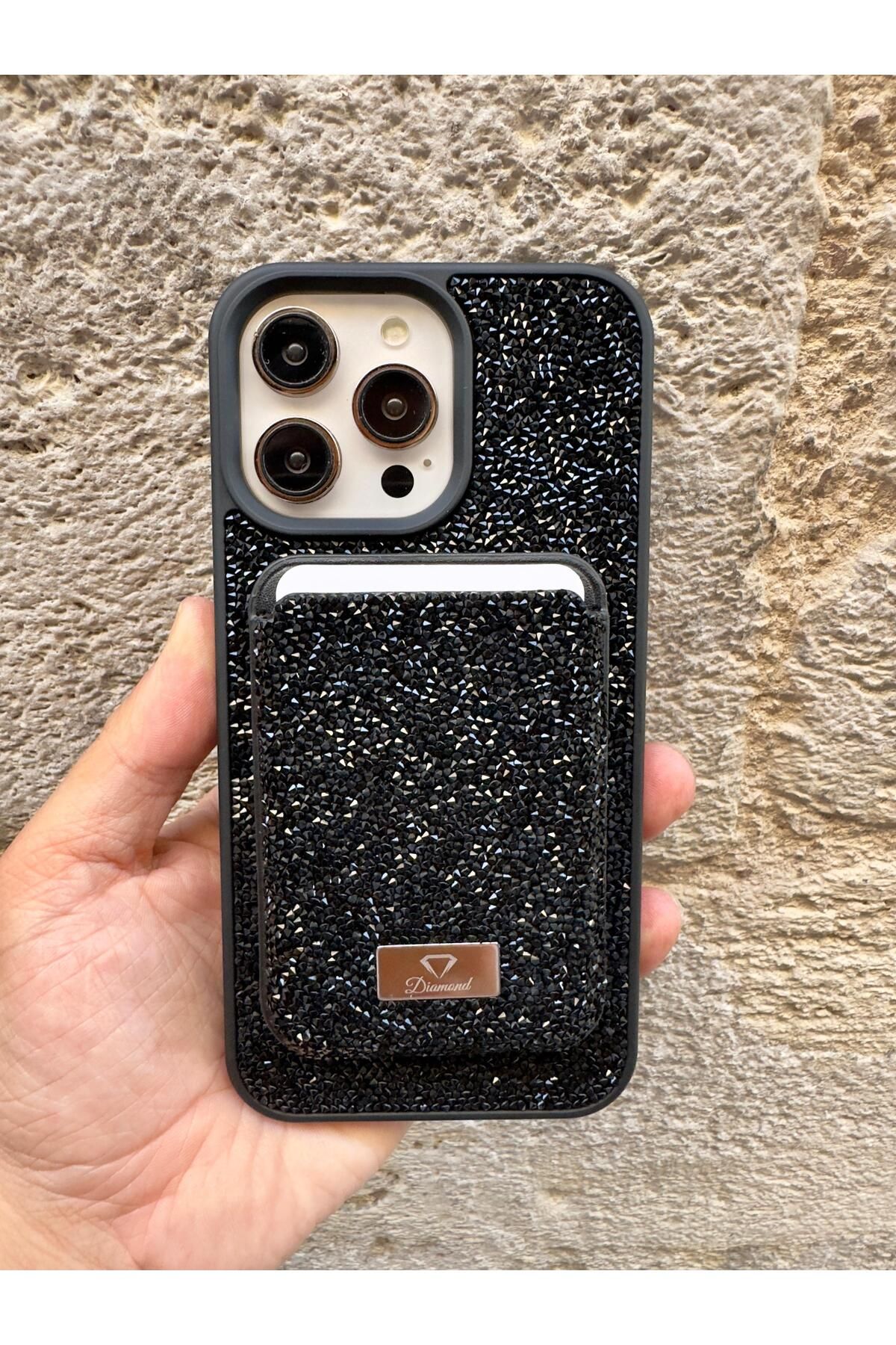 MEGA CASE iPhone 14 Pro Max Siyah Taşlı Telefon Kılıfı ve MagSafe Uyumlu Kredi Kartlık Cüzdan Seti