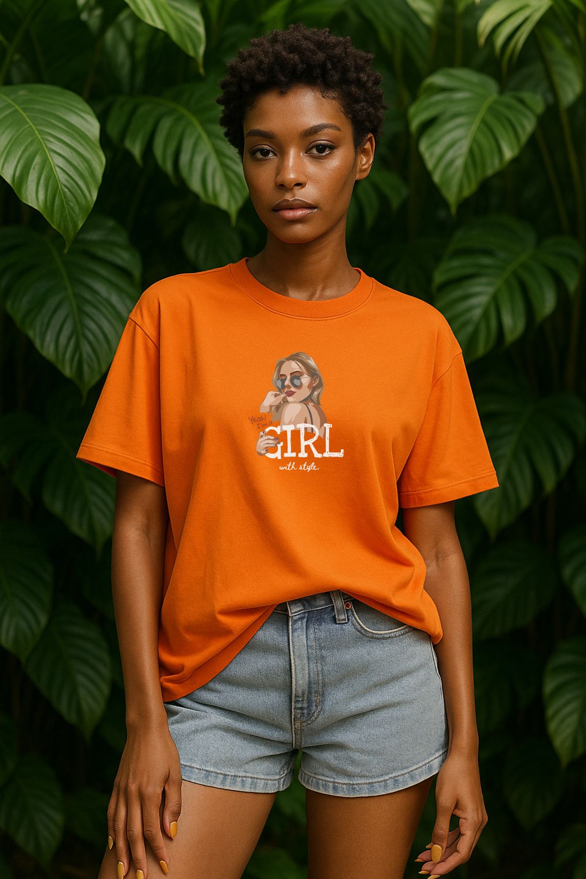 TARZ STİL Kadın Oversize Girl Baskılı Kısa Kollu Trend Tişört 13946