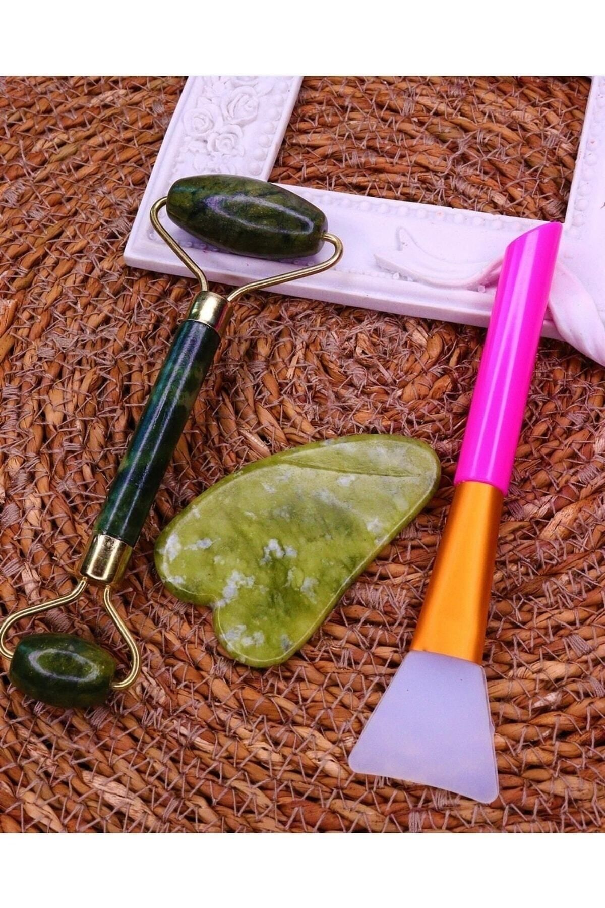 teknotrust 3'lü Yeşim Taşı Cilt Bakım Seti, Gua Sha, Masaj ve Maske Sürme Aparatı, Pembe