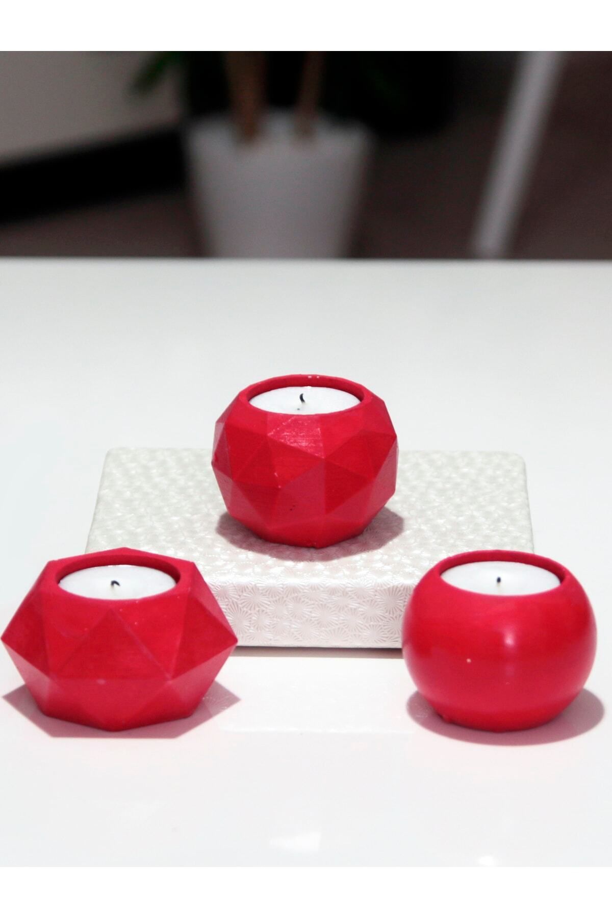 teknotrust Kırmızı Beton Tealight Mumluk Seti, 3'lü, şık ve modern dekoratif aksesuar.
