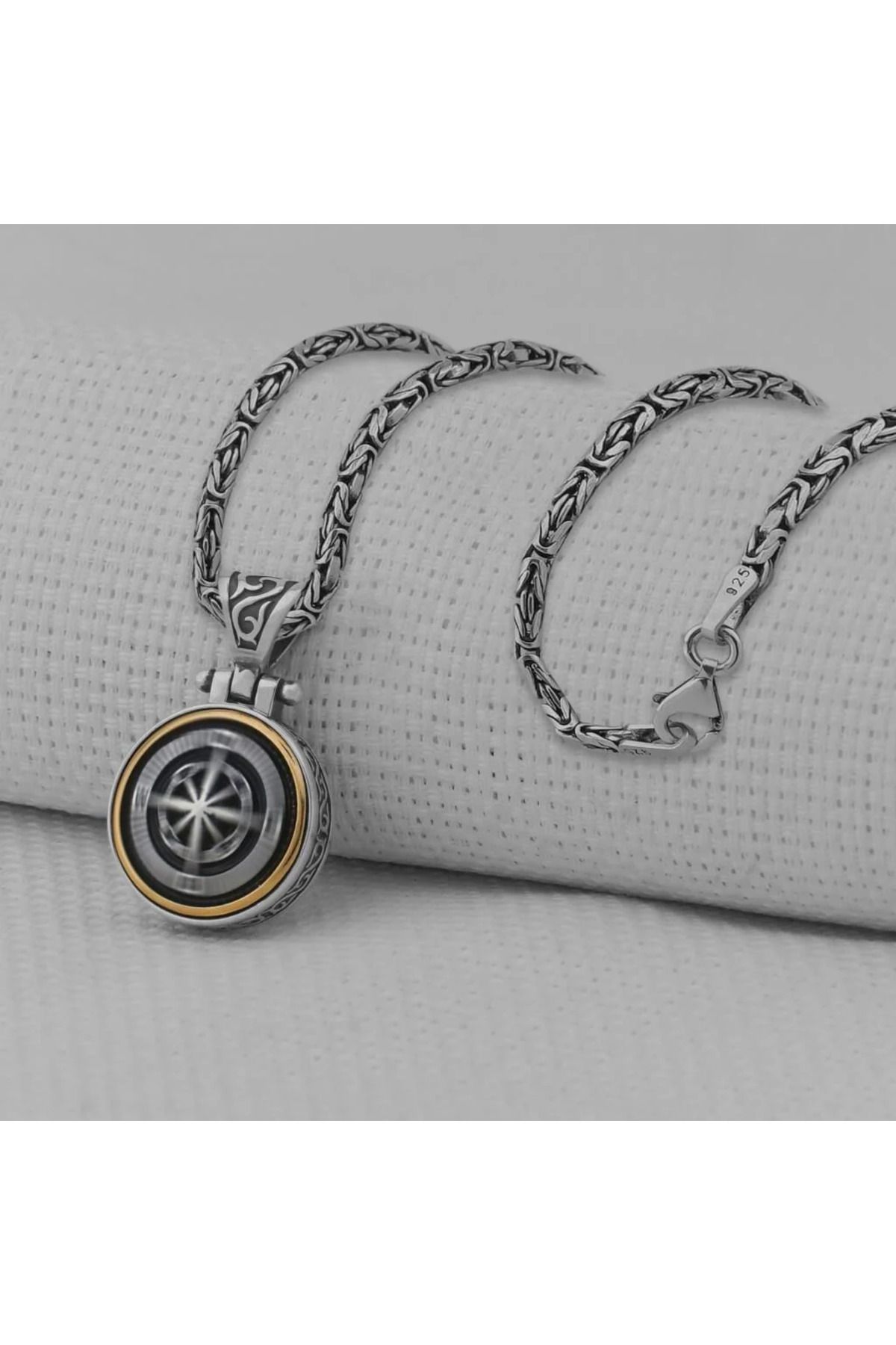 shop Kral Zincir Pusula Tasarımlı Ortası Dönen 925 Ayar Gümüş Erkek Kolyesi