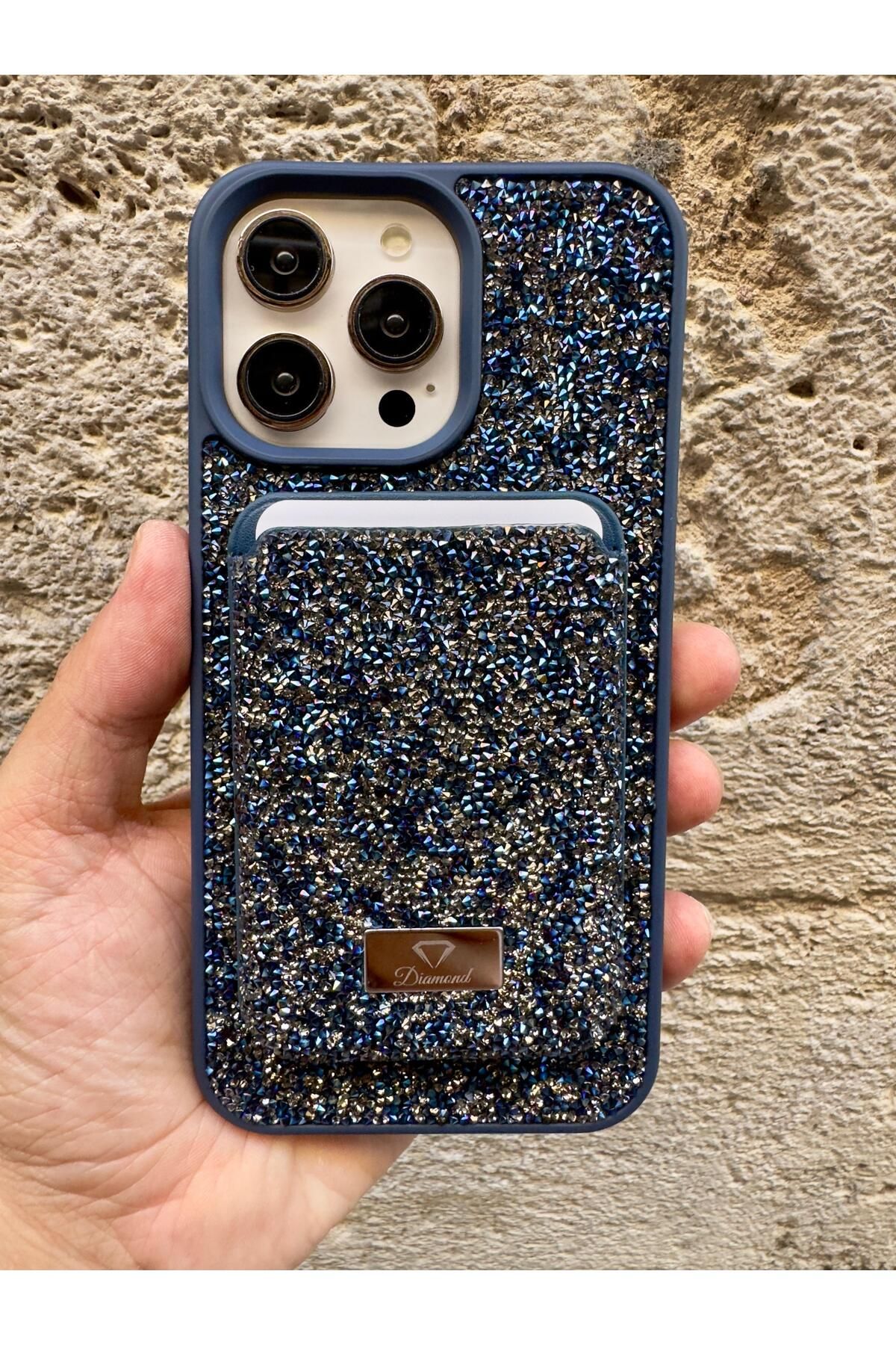 MEGA CASE iPhone 16 Pro Lacivert Taşlı Telefon Kılıfı ve MagSafe Uyumlu Kredi Kartlık Cüzdan Seti