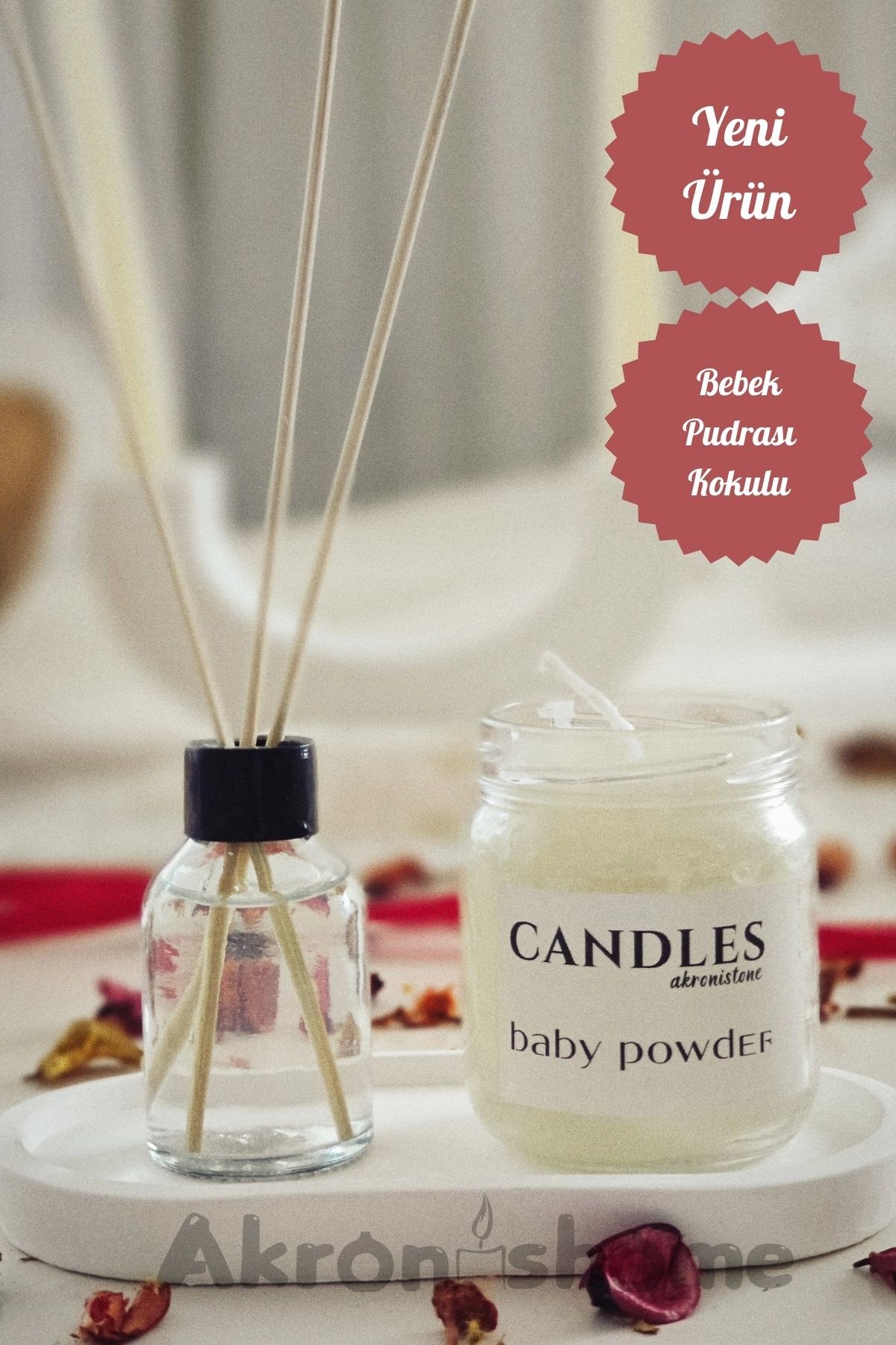 Akronis Home Bebek Pudrası Kokulu Oda Kokusu ve Kavanoz Mum Beyaz Stantlı