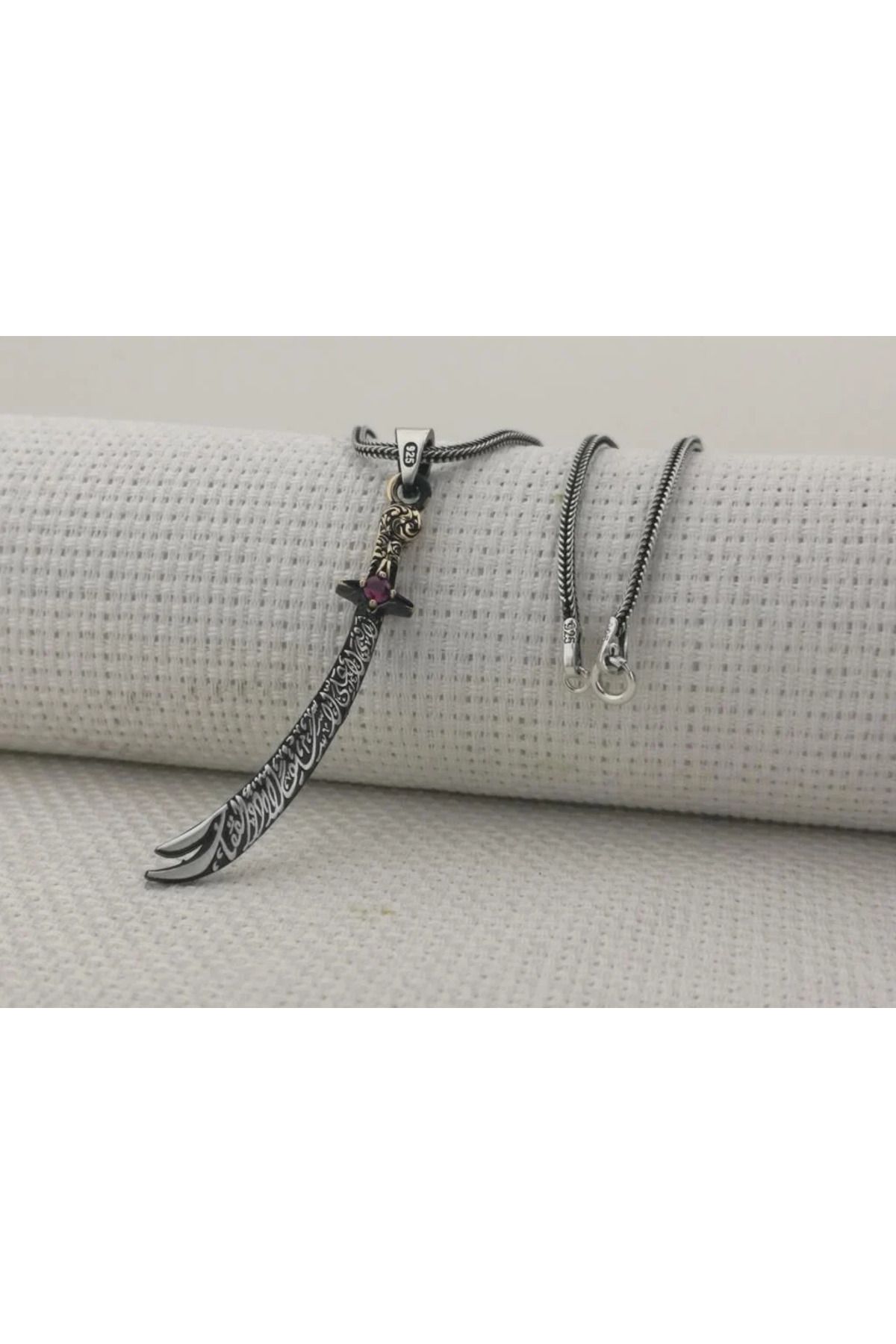 shop Kırmızı Taşlı La Fetta İlla Ali La Seyfe İlla Zülfikar Yazılı 925 Ayar Gümüş Erkek Kolye