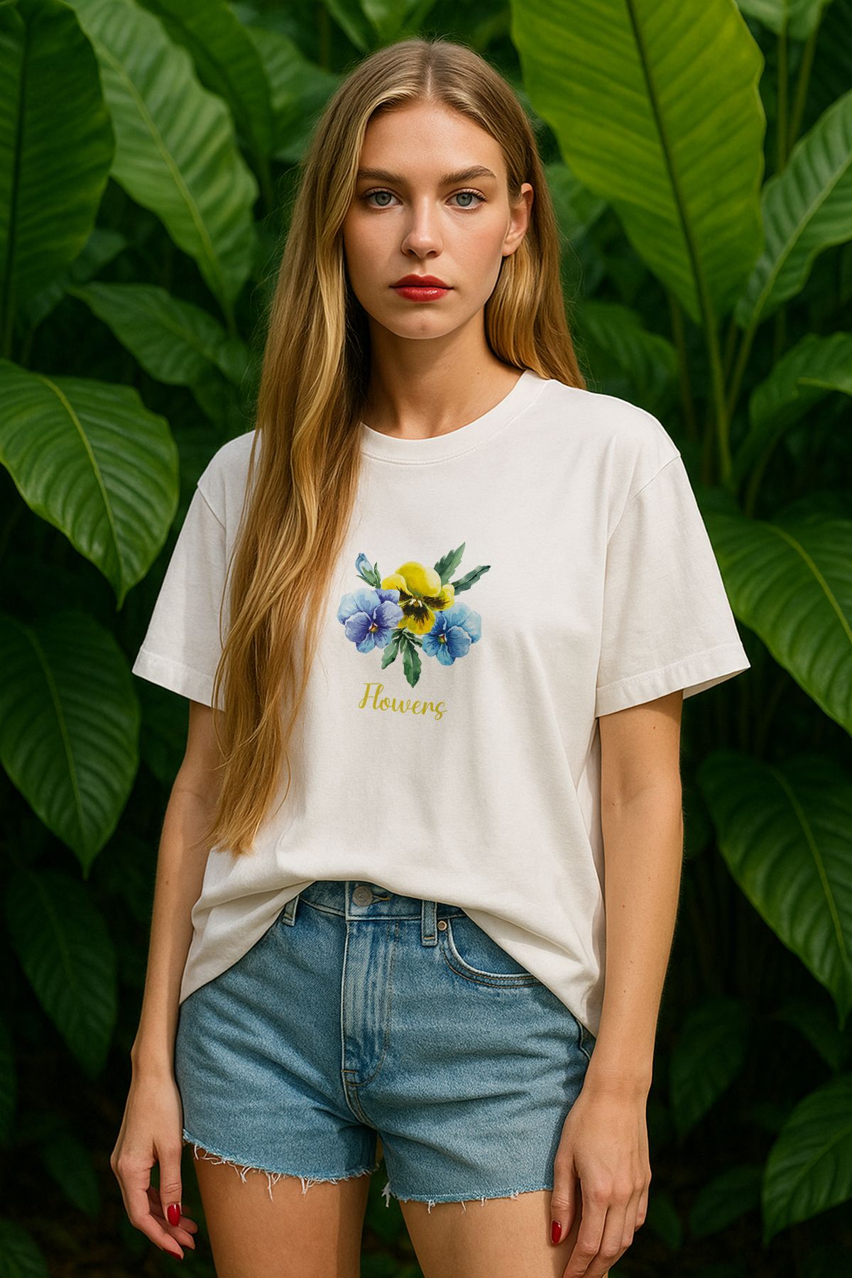 TARZ STİL Kadın Oversize Flowers Baskılı Kısa Kollu Trend Tişört 20486