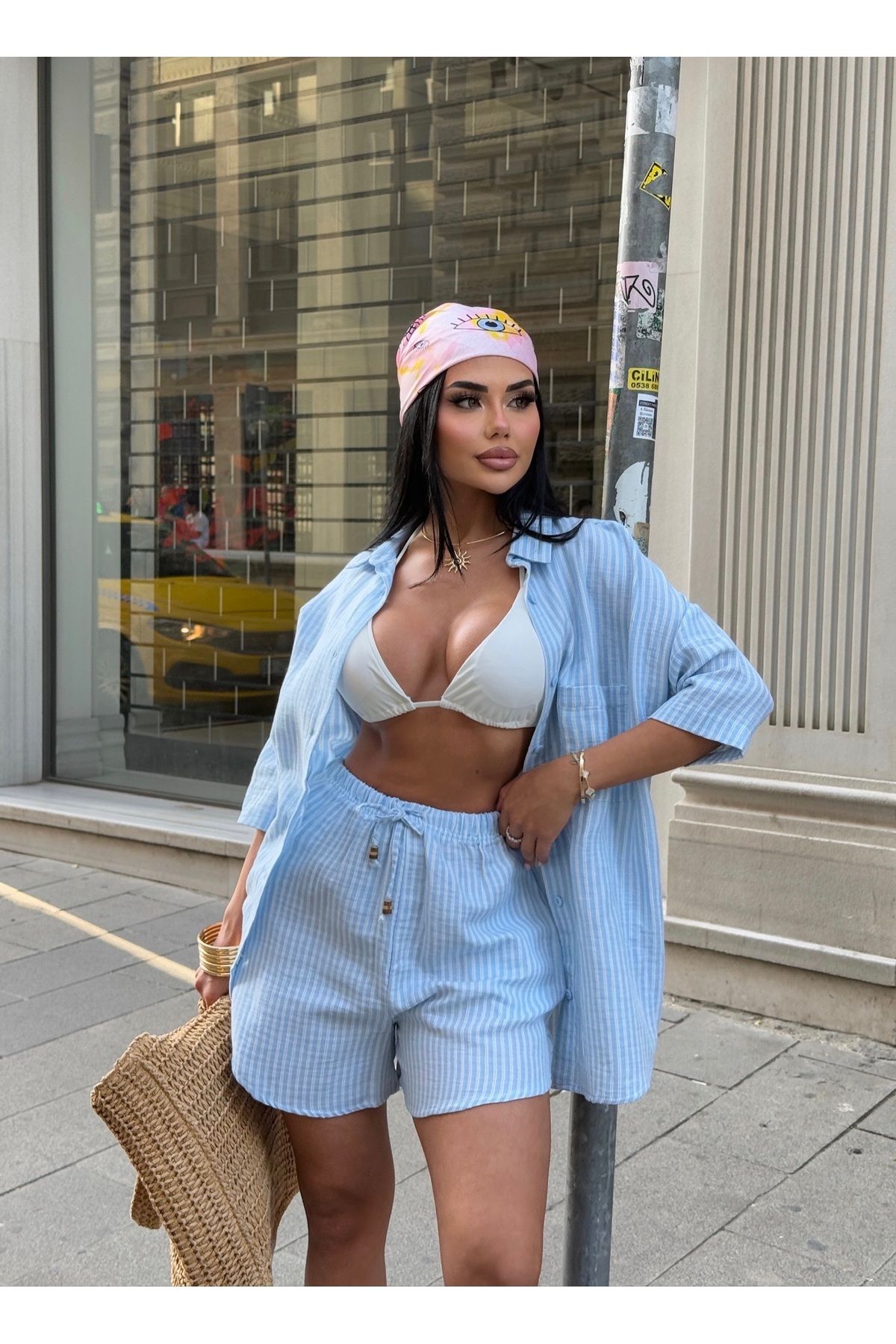 LB Laluna Butik Kadın Keten Çizgili Oversize Gömlek Şort Takımı