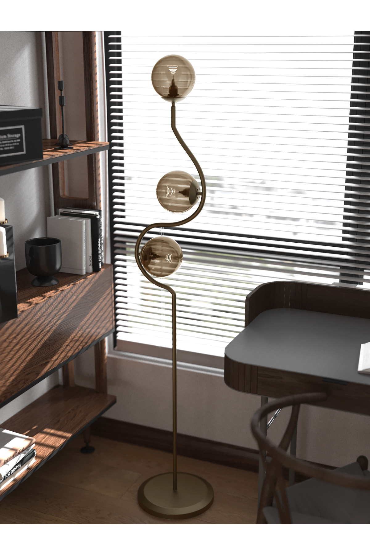 Perla 3-Piece Honey-Colored Glass Globe Floor Lamp - Modern Floor Lamp with Curved Aged Body