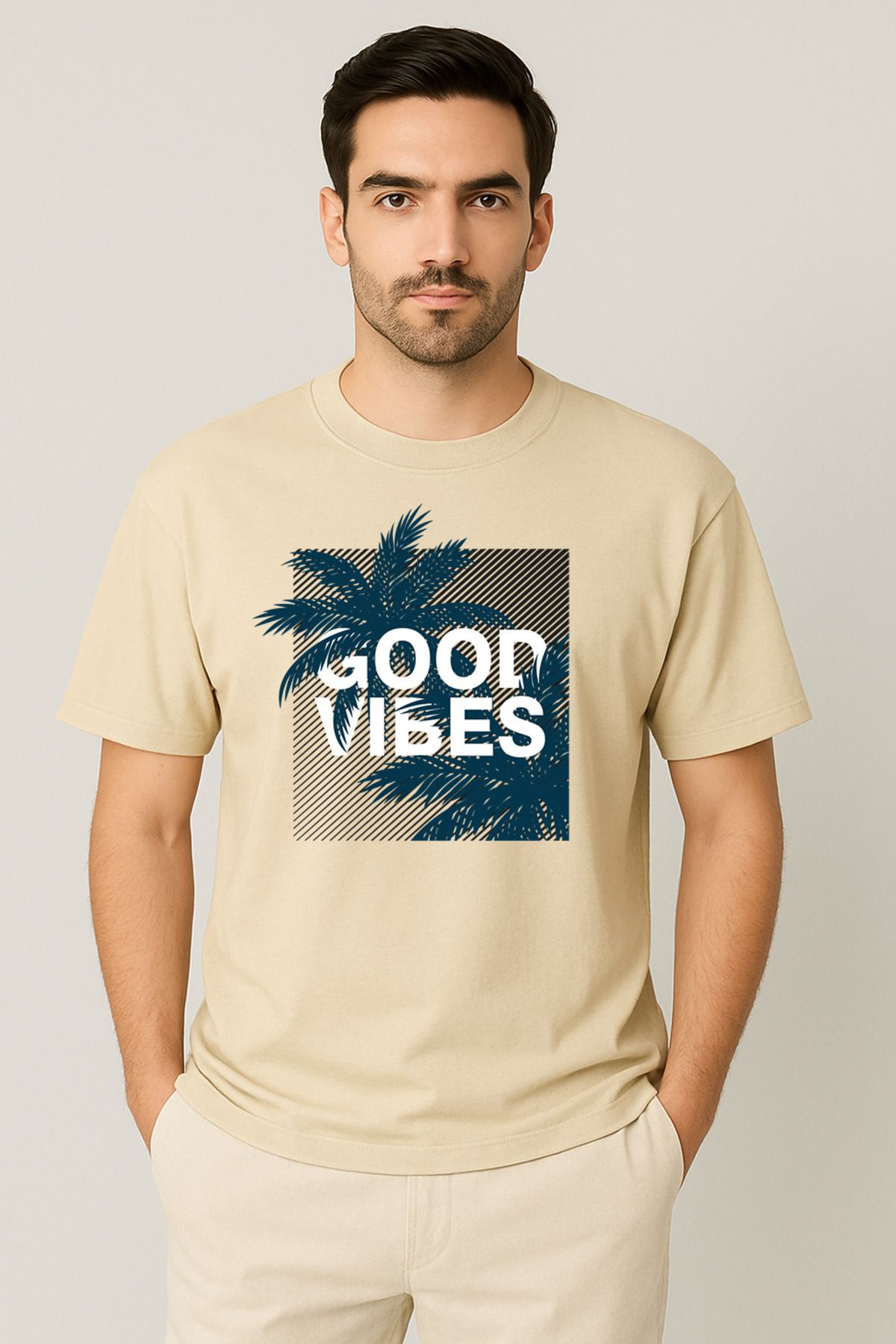 PARSHEY Erkek - Kadın %100 Pamuk Good Vibes Palmiye Desenli Baskılı Yarım Kollu Bisiklet Yaka T-Shirt