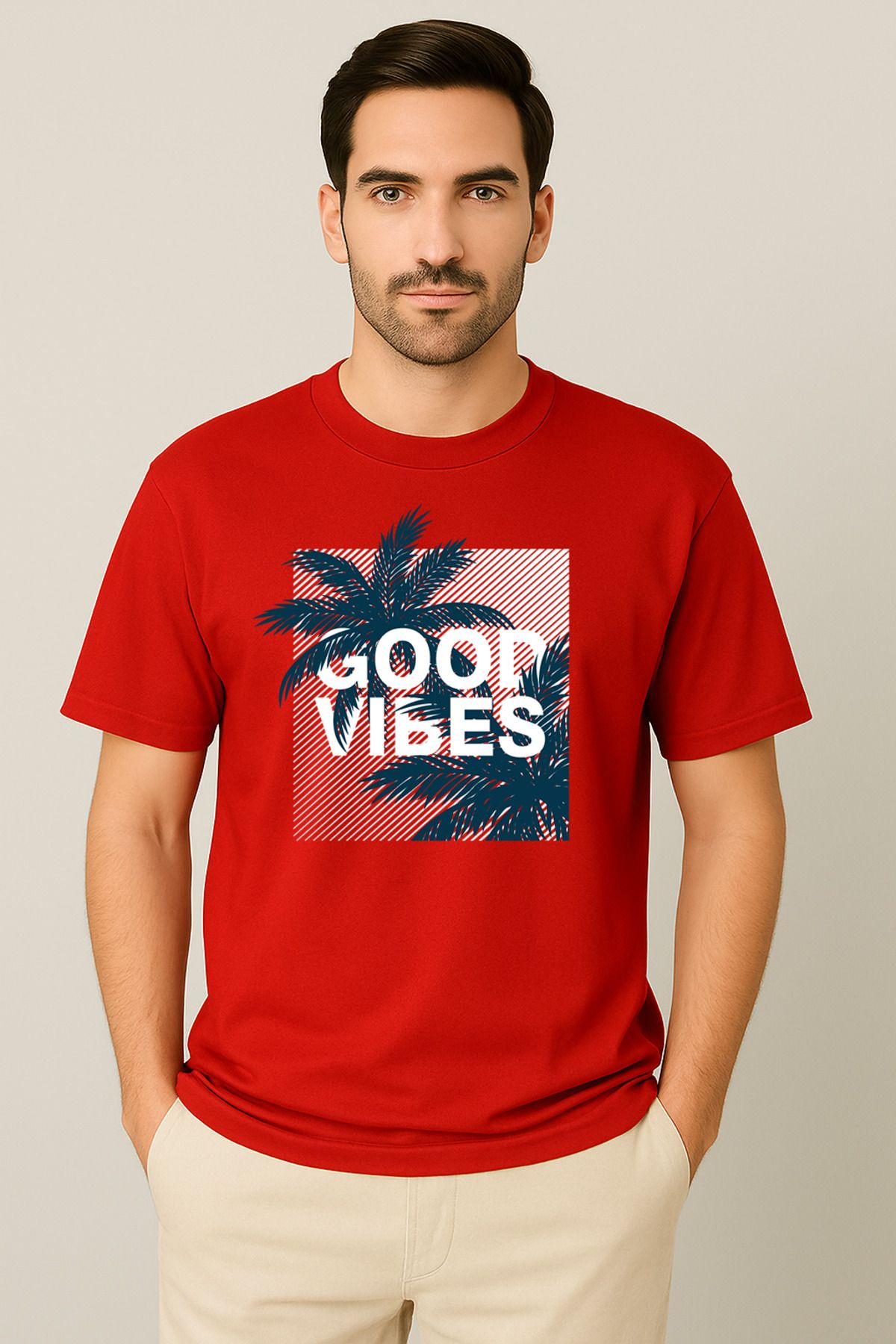 PARSHEY Erkek - Kadın %100 Pamuk Good Vibes Palmiye Desenli Baskılı Yarım Kollu Bisiklet Yaka T-Shirt