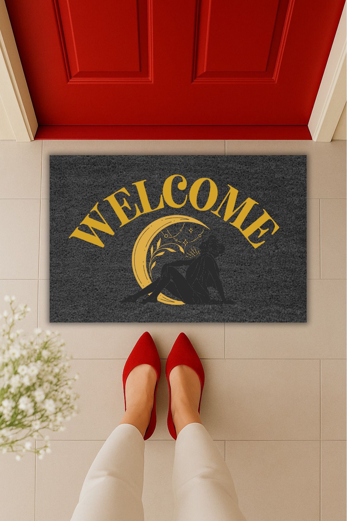 Dormot Home Yüksek Kaliteli Dijital Baskı Füme Tabanlı Ay Ve Kadın Figürlü Welcome Kapı Önü Paspası