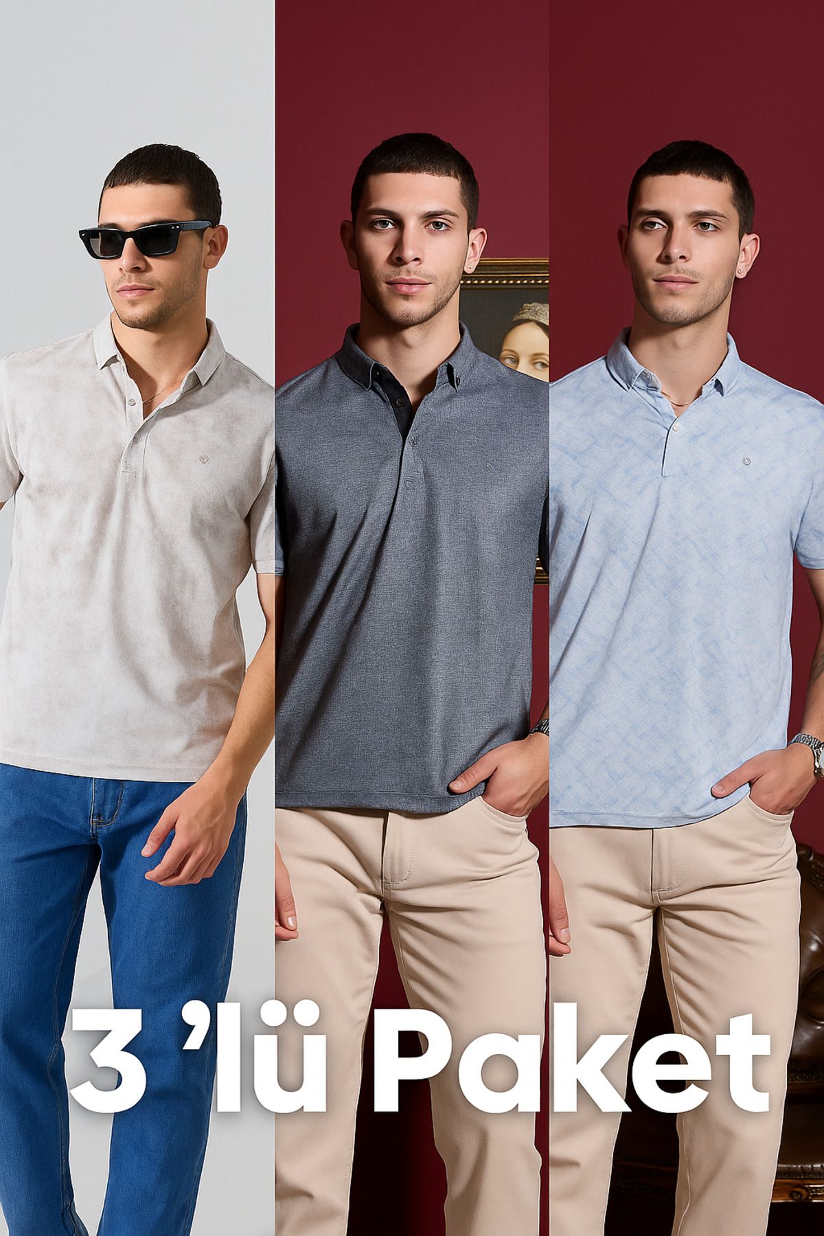 DAMGA JEANS Erkek 3'Lü Paket Kısa Kol Keten Polo Yaka Tişört