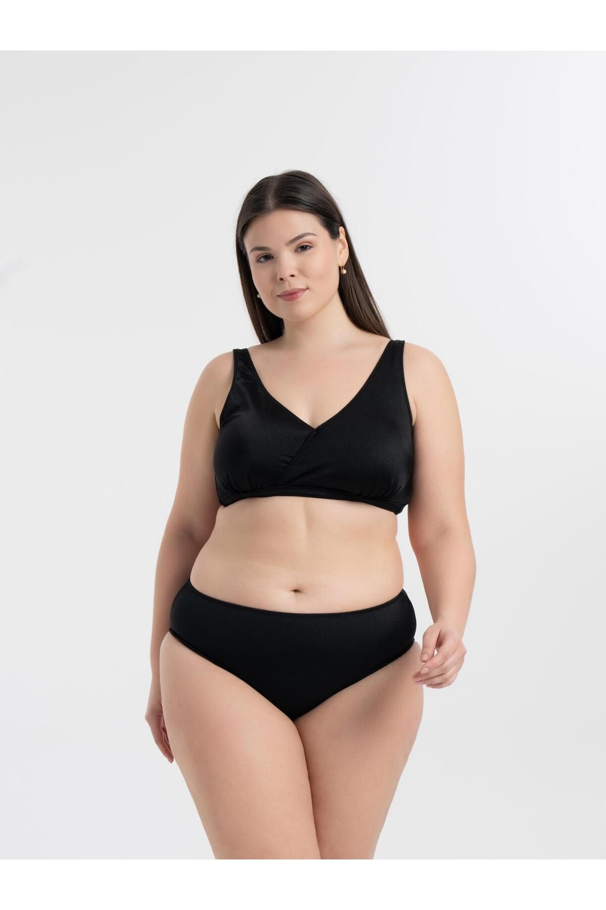 AQUAVİVA Kadın Parlak Siyah Büyük Beden Quinn Kruvaze Detaylı Toparlayıcı Bikini Takımı