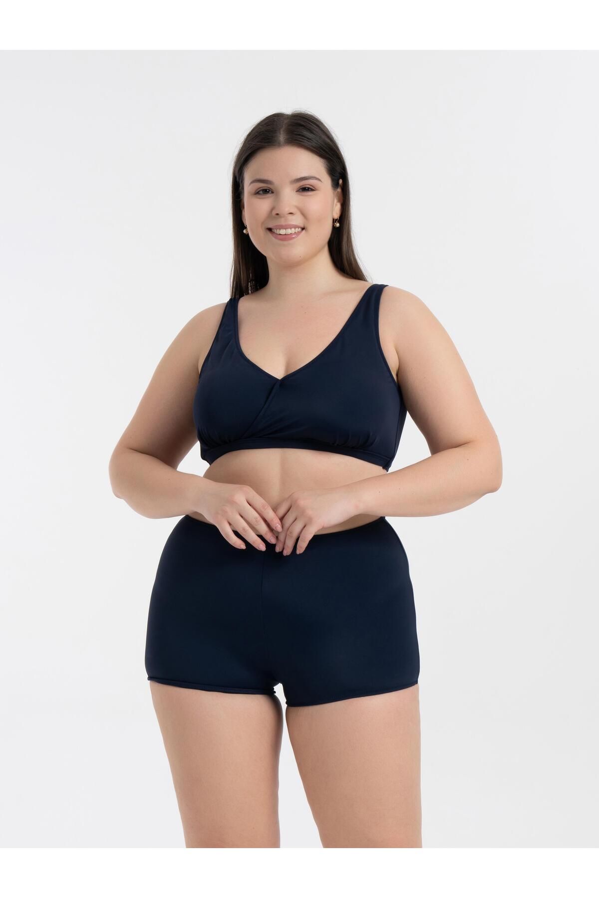 AQUAVİVA Kadın Lacivert Büyük Beden Quinn Kruvaze Detaylı Toparlayıcı Şortlu Bikini Takımı