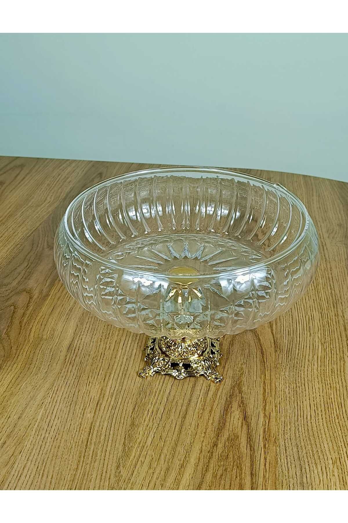 Elta Collection Lotus Kristal 24 Cm Kesme Dekor Metal Ayaklı Salata Kasesi Cam Sunumluk- Servis Tabağı