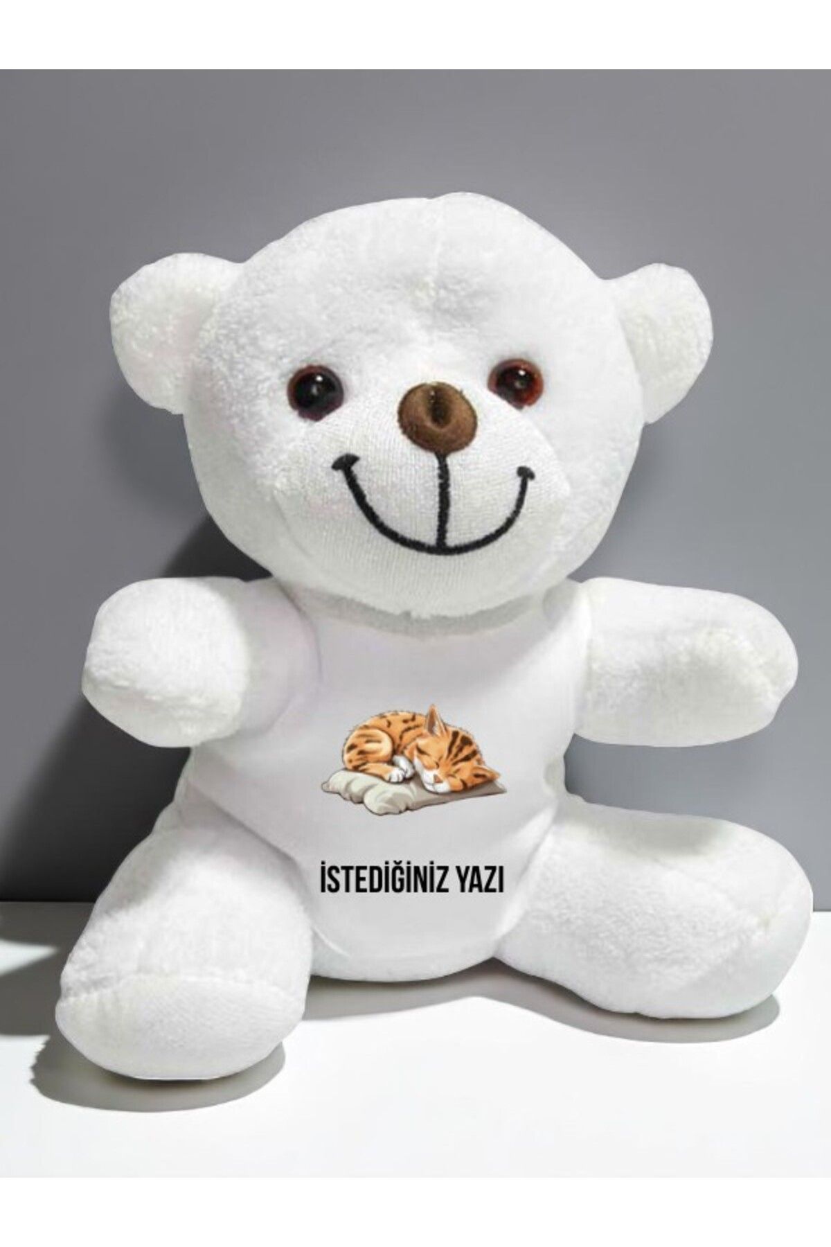 lili hediyelik Uyuyan Kedi Temalı İstediğiniz Yazı Baskılı 20 cm Beyaz Peluş Ayıcık