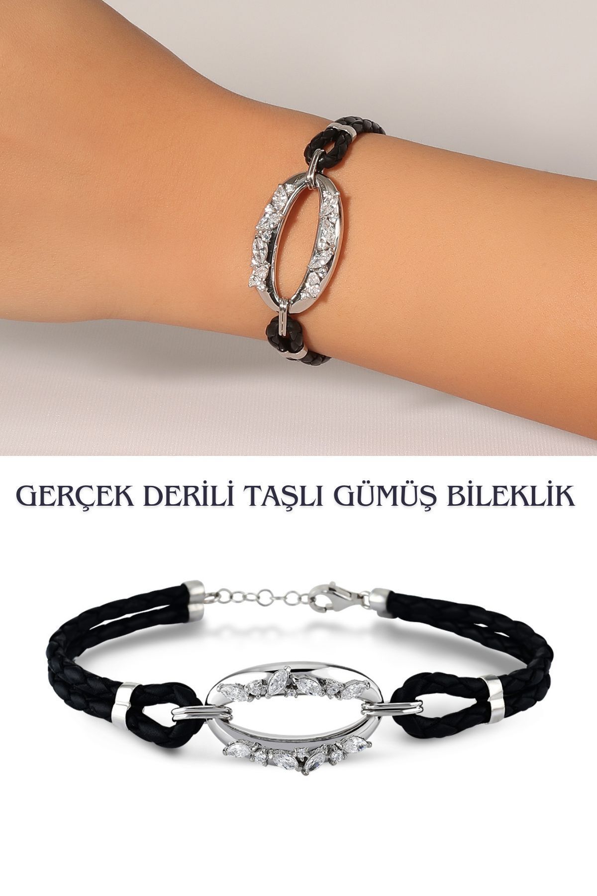 Hepimitu Taşlı Gümüş Deri Bileklik