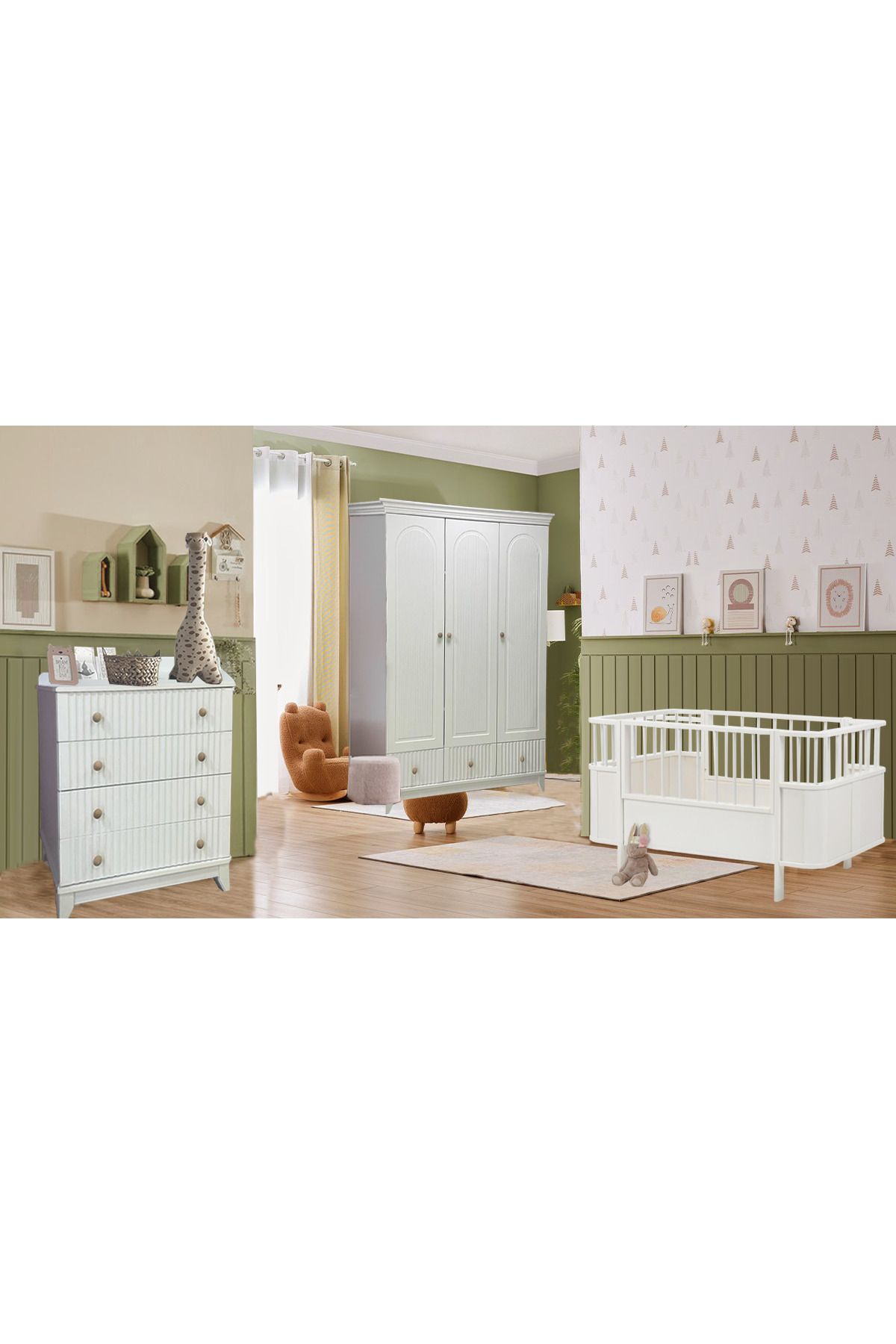 Koza Bohem %100 MDF Büyüyen Maxi Bebek Odası Takımı ( 3 Kapılı Dolap & Şifonyer & 80x130 Büyüyen Beşik )