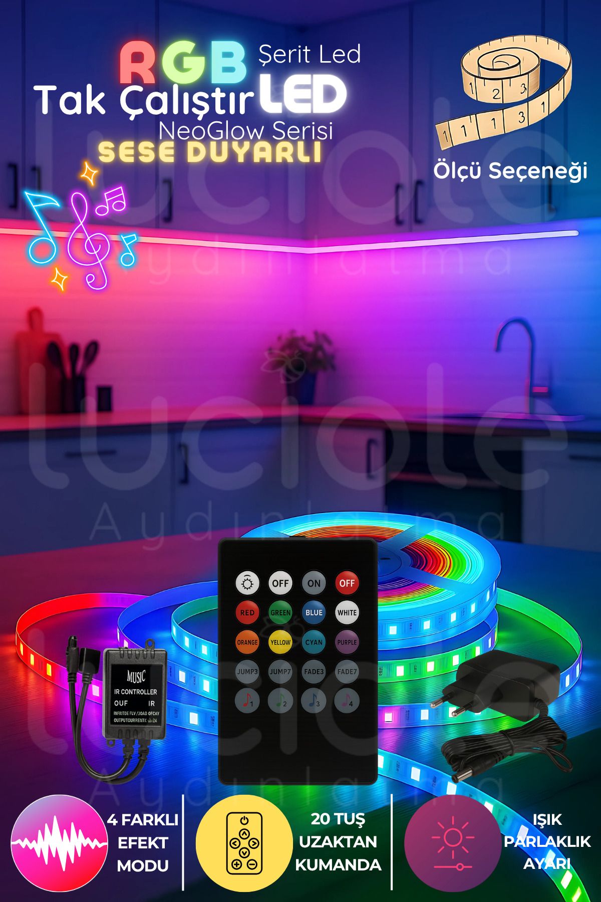 luciole 3 Metre NeoGlow Serisi RGB LED Şerit – 20 Tuşlu Ses Kontrollü Tak Çalıştır Işık Bandı 60 Çipli