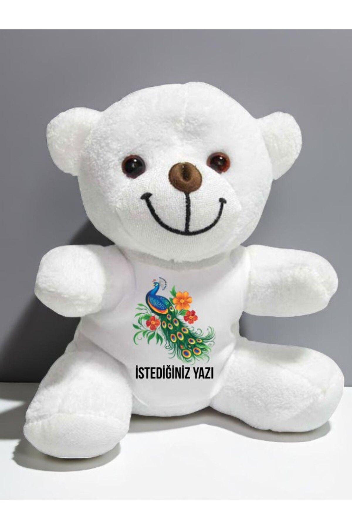 lili hediyelik Tavus Kuşu Temalı İstediğiniz Yazı Baskılı 20 cm Beyaz Peluş Ayıcık